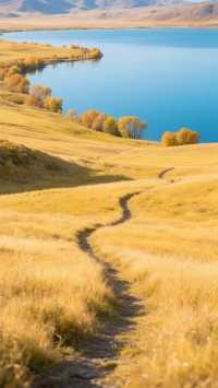 湖水藍如寶石,這片草原藏著被神眷顧的秋天