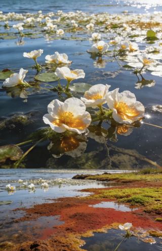 湖上の白い花の奇景チェックイン