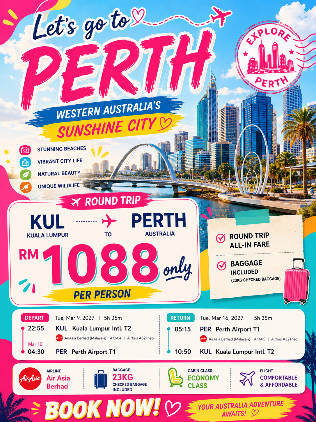 ☀️🇦🇺 퍼스까지 왕복 항공권이 단돈 RM1,088부터! ✈️