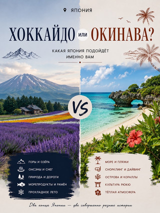 🇯🇵 北海道還是沖繩:日本,你該選哪一個?

如果把北海道和沖繩的照片放在一起比較,你很容易會懷疑它們是不是同一個國家。

北海道擁有山脈、湖泊、火山、花田、海鮮、涼爽的夏季,以及日本主要的冬季地區之一。

沖繩則擁有亞熱帶島嶼、清澈的海水、沙灘、珊瑚,以及琉球王國的文化。

因此,僅僅根據「哪個更美」來選擇是沒有意義的。更好的問題是:你想要什麼樣的旅行?你打算在什麼季節旅行?

🏔 北海道

如果你想要體驗自然風景、公路旅行,以及一個完全不同的日本

北海道是一個面積巨大的島嶼,這是你在規劃行程之前最需要了解的一點。

札幌、富良野、美瑛、小樽、登別、函館以及各國公園之間並非近鄰。想要在四天內遊覽半個日本島,通常最終只能選擇火車出遊。

01 • 札幌

最便捷的城市落腳點。

我不會為了體驗「古老的日本」而來這裡,而是為了品嚐美食、逛逛市場、體驗夜晚的薄野,以及作為後續旅程的便捷起點。

推薦嘗試:

味噌拉麵 • 咖哩湯 • 海鮮 • 成吉思汗

⸻

02 • 小樽

從札幌出發最方便的旅行目的地。

運河、歷史悠久的倉庫、玻璃製品店、甜點和海鮮。

行程安排:可以一日遊,然後再返回札幌。

⸻

03 • 美瑛 + 富良野

截然不同的行程。

北海道中部田野、丘陵和鄉村風景。該地區夏季賞花特別盛行,但具體花期取決於花卉種類和當年的氣候。

重要提示:在這裡自駕遊通常比在日本其他地區旅行更自由。

⸻

04 • 登別

如果您想體驗溫泉…

主要的自然景點是地獄谷,這是一個擁有溫泉和​​蒸氣的火山谷。

如果您想在其他景點之間安排一晚的日式旅館住宿,這裡是個不錯的選擇。

⸻

05 • 函館

從札幌到函館的路程並不短。

函館本身就是一個值得遊覽的城市:函館山、元町、港口、五稜郭和早市。

我建議至少在此停留一晚。

⸻

❄️ 北海道何時最吸引人?

夏季

這是選擇北海道的一大理由。

當日本大部分地區炎熱潮濕時,北海道通常明顯涼爽宜人。此外,夏季也是綠意盎然、繁花似錦的季節。

秋季

北海道北部和高地地區的秋色比京都或東京來得更早。

冬季

截然不同的冬季之旅:白雪皚皚,滑雪勝地,溫泉,以及各種冬季活動。

但冬季由於天氣狀況多變,出遊需要更充分的準備。

⸻

🧭 哪些人適合選擇北海道?

川湖 → ★★★★★

公路旅行 → ★★★★★

海鮮 → ★★★★★

清涼夏日 → ★★★★★

雪景與冬季之旅 → ★★★★★★

海灘度假 → 不推薦

最佳行程安排

如果您是第一次去北海道,我建議您不要嘗試遊覽整個島嶼。

例如:

札幌 → 小樽 → 富良野/美瑛 → 登別

如果您有多餘的時間,可以加上函館或其他更偏遠的自然地區。

💡 如果您的旅行以公路旅行和自然風光為主,那麼北海道是一個不錯的選擇。

🌺 沖繩

如果您想要大海、島嶼,以及與本州截然不同的日本,那麼沖繩是您的理想選擇。

關於沖繩,人們常常會犯下一個常見的錯誤。

人們常說“去沖繩”,就好像他們指的是某個單一的度假勝地一樣。事實上,沖繩縣由許多島嶼組成,整體體驗很大程度上取決於您選擇哪個島嶼。

⸻

01 • 沖繩本島

首次沖繩旅行的最佳選擇。

那霸、機場以及大部分城市基礎設施都位於此。

您可以將以下行程結合:

那霸

↓

琉球歷史

↓

海灘

↓

島嶼中部和北部地區。

若想全面探索沖繩島,在那霸以外的地方租車會非常方便。

⸻

02 • 慶良間群島

如果您想欣賞美麗的海景,又不想飛到群島的另一端。

慶良間群島位於沖繩本島西側,可從那霸搭乘渡輪前往。

人們來這裡是為了享受海灘、浮潛和潛水。

但是,渡輪航線受天氣影響,因此不建議安排緊湊的轉機時間。

⸻

03 • 石垣島

這裡是沖繩的一個獨立區域。

石垣島位於沖繩本島西南方,是前往八重山群島的出發點。

從這裡出發,您可以繼續前往竹富島、西表島和其他島嶼。

如果您的目標是熱帶海島之旅,我建議您認真考慮石垣島和沖繩本島,而不是想當然地選擇那霸。

⸻

04 • 琉球文化

沖繩的魅力不僅在於其迷人的海濱風景。

琉球王國曾統治此地直至19世紀,因此這裡的建築、歷史、音樂、美食和當地傳統都與日本本土截然不同。

正是這些豐富的文化底蘊,使得沖繩即使對於那些不打算在沙灘上待上五天的人來說,也充滿了吸引力。

⸻

🌦 季節是關鍵

沖繩是亞熱帶氣候,但並非全年365天都能享受陽光沙灘。

這裡有雨季,冬季較為涼爽多風,夏季也可能遭遇颱風。

因此,出發前請務必查看您出遊月份的氣候訊息,並在接近出發時查看天氣預報和預警。

⸻

🧭 哪些人適合選擇沖繩?

海洋 → ★★★★★

沙灘 → ★★★★★

浮潛/潛水 → ★★★★★★

島嶼 → ★★★★★

獨特文化 → ★★★★☆

京都古典寺廟 → 完全不同的旅遊體驗

最佳行程安排

我會先選擇一個島群,然後再製定行程計劃。

例如:

那霸 + 本島 + 慶良間

或

石垣島 + 竹富島 + 西表島

試圖一次遊覽所有地方會佔用太多飛機和渡輪時間。

⸻

🏔 北海道 VS 沖繩

山脈 → 北海道

湖泊與火山景觀 → 北海道

涼爽的夏季 → 北海道

雪與滑雪 → 北海道

溫泉 → 北海道

自駕遊 → 兩者都可行,但北海道尤其適合

溫暖的海水 → 沖繩

海灘 → 沖繩

潛水與浮潛 → 沖繩

跳島遊 → 沖繩

琉球文化 → 沖繩

⸻

如果這是您第二次來日本呢?

這兩個選擇都特別吸引人。

在體驗過經典的東京→京都→大阪路線之後,我根本不會再去尋找「另一個類似的城市」。

不如徹底改變日本的體驗。

北海道

札幌→小樽→美瑛/富良野→溫泉

這是一趟充滿自然風光、美食和沿途美景的北方之旅。

沖繩

那霸→本島/慶良間

或者

石垣島→八重山群島

這幾乎可以算作一趟獨立的海島之旅。

我的選擇

七、八月份,不想去日本本土,我會考慮北海道。

主要目的是欣賞大海和島嶼風光→沖繩。

冬天想看雪→北海道。

在東京和京都之後,我想體驗一次意想不到的風景變化→沖繩。

我不會嘗試把它們安排在一次短途旅行中。北海道和沖繩分別位於日本的兩端,每個地方都值得單獨安排一次旅行。