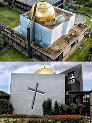 Houston's black-and-white church on "sketch paper" and art church without "gods"