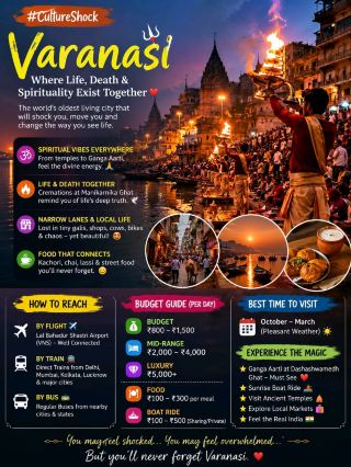 #cultureshock 
✨ Welcome to the oldest living city in the world… where life & death exist together 💫

At the sacred , you’ll witness something unforgettable — people praying, bathing, celebrating… and just a few steps away, cremation rituals happening continuously at Manikarnika Ghat. It’s emotional, intense, and unlike anything you’ve ever seen.

🛕 Spiritual Vibes Everywhere
Evening Ganga Aarti = pure magic ✨
Fire lamps, chanting, bells, and hundreds of people — goosebumps guaranteed!

🚶♀️ Crazy Narrow Lanes (Galion)
Lost in tiny lane😵💫
Cows 🐄, bikes 🛵, shops 🛍️, temples ⛩️ — all in one place. Chaos… but beautiful chaos!

🍛 Local Food Experience
Street chai ☕ + kachori sabzi + lassi 🥛 = simple but unforgettable taste

💥 Why It’s a Culture Shock?
✔ Life & death together 😶
✔ Deep spiritual energy 🧘♀️
✔ Loud, crowded, unpredictable vibe 🔊
✔ Traditions stronger than modern life 🕉️

· --

🚆 How to Reach Varanasi

✈️ Flight: Lal Bahadur Shastri Airport (well connected)
🚆 Train: Direct trains from Delhi, Mumbai, Kolkata
🚌 Bus: Easy connectivity from nearby cities

· --

💰 Budget Guide (Per Day)

💸 Budget: ₹800 – ₹1,500
🏨 Mid-range: ₹2,000 – ₹4,000
✨ Luxury: ₹5,000+

🍽️ Food: ₹100 – ₹300 per meal
🚣 Boat Ride: ₹100 – ₹500 (sharing/private)

· --

⭐ Best Time to Visit

🌤️ October – March (pleasant weather)

· --

✨ You may feel shocked…
✨ You may feel overwhelmed…
✨ But you’ll never forget Varanasi.

This place doesn’t just change your trip… it changes your mindset.

#varanasi   #incredibleindia  #travelindia  #spiritualjourney  #gangaaarti  #travelreels  #exploreindia #travel2026 