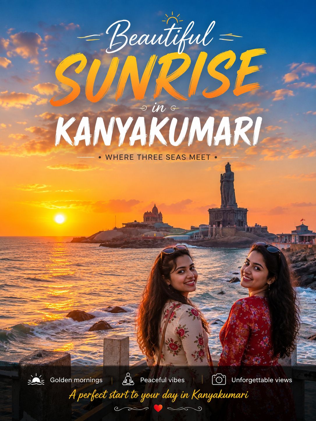 #sunrisescenes 
Beautiful Sunrise in Kanyakumari 🌅

Wake up to one of India’s most magical mornings in Kanyakumari, where the sun rises over the vast ocean and fills the sky with golden and orange colours.

Watching the first rays of sunlight emerge from the horizon, with the waves gently moving across the sea, is a truly unforgettable experience. The Vivekananda Rock Memorial, Thiruvalluvar Statue, and surrounding coastline make the sunrise even more spectacular.

📍 Best Experience: Reach the seafront early in the morning, find a clear viewpoint, and watch the sky slowly transform as the sun rises above the horizon.

✨ Kanyakumari Sunrise — a peaceful beginning where the sea, sky and sunlight come together.

#kanyakumari  #sunrise  #tamilnadu  #incredibleindia  #travelindia  #sunriseview  #kanyakumaritourism  #travelphotography   #travel2026 
