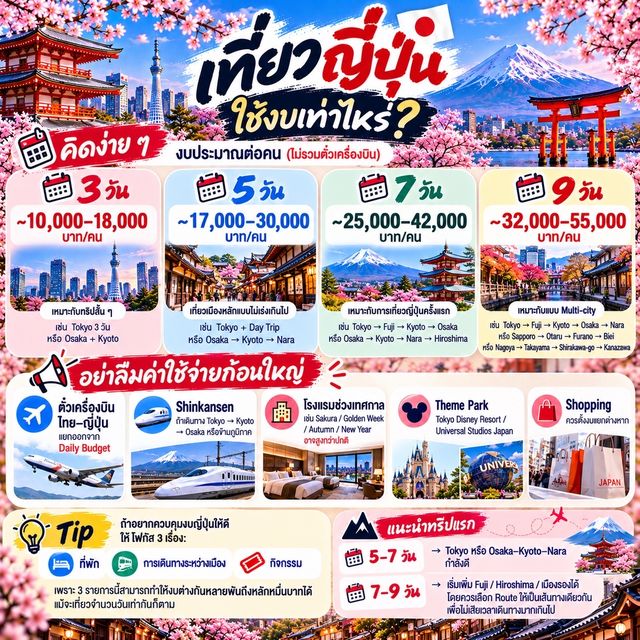 🇯🇵 เที่ยวญี่ปุ่น 3 / 5 / 7 / 9 วัน ต้องเตรียมงบเท่าไหร่?