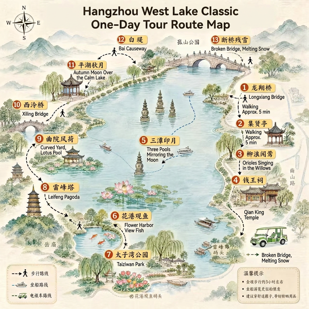 All main scenic areas around West Lake are free to enter. Only boat rides, Leifeng Pagoda, and Yue Fei Temple charge separately. Exit from metro line 1 Longxiangqiao station at exit C to reach the lakeside directly. It’s best to arrive at Broken Bridge before 7 AM when there are fewer people and the lighting is good. Core route: metro station → Liulang Wenying → Qianwangci dock for boat → Three Pools Mirroring the Moon → Huagang Fish Viewing → Leifeng Pagoda → electric cart → Broken Bridge.

Liulang Wenying (free, 7:00–8:00)

Exit metro line 1 Longxiangqiao at exit C, then walk about 15 minutes to Liulang Wenying. Formerly the royal garden of the Southern Song dynasty, it’s open 24 hours for free. Walk along the lake with willows brushing the water, few people in the early morning. Spend 20–30 minutes here.

Three Pools Mirroring the Moon (boat ticket + island admission combo 55 yuan)

Walk from Liulang Wenying to Qianwangci dock and take the state-run painted boat to the island. 55 yuan includes round-trip boat ticket and island admission. Children under 1.2 meters are free. Bring a 1 yuan bill; the back shows the Three Pools Mirroring the Moon. Spend 40–60 minutes on the island. Boats run every 20–30 minutes.

Huagang Fish Viewing (free, 9:30–10:30)

Get off the boat at Huagang Fish Viewing dock and spend 30–40 minutes here. The red fish pond is full of koi; kids with fish food can stay for a long time. Great spot to photograph the reflection of Leifeng Pagoda.

Leifeng Pagoda (40 yuan, 10:30–11:30)

Walk 10 minutes from Huagang Fish Viewing to Leifeng Pagoda. Adult ticket is 40 yuan. It’s better to visit after 4:30 PM to watch the sunset. Elevator goes straight to the top for a panoramic view of West Lake. Children under 1.2 meters are free.

Take electric cart to Broken Bridge (11:30–12:00)

After Leifeng Pagoda, hail the green vintage-style electric cart. Fare is charged by segment: 10 yuan per segment, or 40 yuan for a full loop ticket. The cart runs clockwise only. The ride to Broken Bridge costs about 10–20 yuan.

Broken Bridge Remnant Snow (free, 12:00–12:30)

The meeting place of Lady White Snake and Xu Xian. The most classic photo spot at West Lake. It’s best to come before 7:30 AM; it gets crowded during the day. Spend 30 minutes taking photos then leave.

Money-saving tips

All scenic areas around West Lake are free. The Three Pools Mirroring the Moon boat ticket costs 55 yuan (round trip + island admission). Leifeng Pagoda ticket is 40 yuan and optional. Electric cart fares are 10 yuan per segment or 40 yuan for the full loop. If you don’t want to pay for the cart, walk along Su Causeway and Bai Causeway for free.

Practical advice

Exit metro line 1 Longxiangqiao at exit C, don’t drive. Arrive at Broken Bridge before 7 AM for the fewest people. Visit Leifeng Pagoda after 4:30 PM to see the sunset. Bring mosquito repellent; there are many mosquitoes by the lake in summer. Avoid expensive restaurants on Hubin Pedestrian Street; walk to nearby alleys for local eateries.

Safety reminders

Watch children carefully near lakeside areas without railings. Stay seated on boats and don’t lean over the sides. Hangzhou is hot and humid in summer, carry water with you 