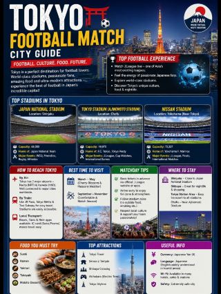 #footballmatchcityguide 
🔵🔴  🇯🇵 Tokyo – Japan's Ultimate Football Match City Guide ⚽🏙️

Tokyo is one of Asia's most exciting destinations for football fans. Home to modern stadiums, passionate supporters, and the world-famous J.League, the city combines world-class football with Japanese culture, technology, and unforgettable travel experiences.

Whether you're watching a live match at the Japan National Stadium, cheering for FC Tokyo, or enjoying football in lively sports bars, Tokyo offers an incredible atmosphere for every football lover.

🌟 Why Visit Tokyo for Football?

🏟️ Modern world-class stadiums
⚽ Home of exciting J.League matches
🇯🇵 Passionate and respectful football fans
🚇 Excellent public transport network
🍣 Amazing Japanese food and nightlife
📸 Perfect mix of football, culture, and sightseeing

🏟️ Top Football Stadiums

🏆 Japan National Stadium
⚽ Ajinomoto Stadium (FC Tokyo & Tokyo Verdy)
🏟️ Nissan Stadium (Yokohama – near Tokyo)

🚆 How to Get Around

🚇 Tokyo Metro & Toei Subway
🚅 JR Yamanote Line & Shinkansen
🚌 City buses and airport limousine buses
🚖 Taxis and ride-hailing services
💳 Suica & PASMO cards make travel easy

🍜 Must-Try Japanese Food

🍣 Sushi
🍜 Ramen
🍢 Yakitori
🐙 Takoyaki
🥟 Gyoza
🍛 Japanese Curry
🍵 Matcha Desserts

📍 Top Attractions

🗼 Tokyo Tower
🗼 Tokyo Skytree
⛩️ Senso-ji Temple
🚦 Shibuya Crossing
🎮 Akihabara Electric Town
🌸 Ueno Park

📅 Best Time to Visit

🌸 March–May – Cherry blossom season and pleasant weather.
🍁 September–November – Comfortable temperatures and the heart of the football season.

Tokyo offers much more than football—it's a city where cutting-edge technology, rich traditions, incredible food, and unforgettable match-day experiences come together. Every football fan should visit Tokyo at least once.

Feel the Passion. Experience Japan. Live the Game! 🇯🇵⚽

#tokyo  #japan  #jleague  #football  #footballtravel  #japannationalstadium  #visitjapan  #tokyotravel  #sportstourism  #footballfans  #traveljapan  #worldfootball  #surmaiduniya   #travel2026 