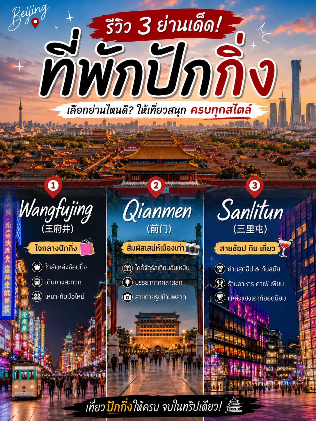 🏨 Wondering where to stay in Beijing? The neighborhood you choose can really set the tone for your whole trip. The three most popular areas—Wangfujing, Qianmen, and Sanlitun—each offer distinctly different experiences.

🚇 If it's your first time and you want to stay in the heart of the city with convenient transportation and easy access to major landmarks, Wangfujing is the most straightforward choice. It's packed with malls, restaurants, and shopping spots, but the trade-off is higher hotel rates and larger crowds.

🏮 If you want to wake up to a traditional Beijing vibe, Qianmen is a fantastic option. With its old streets, narrow alleys, local eateries, cafes, and endless photo ops from day to night, it's a great place to explore. It's also super close to major historical sites, making it perfect for those who want to focus on the old city and soak in Beijing's classic charm. 📸

🌃 For those who love a modern vibe with trendy cafes, fine dining, designer brands, and vibrant nightlife, 🍸 Sanlitun is the ultimate answer. The atmosphere here is a stark contrast to the first two neighborhoods, making it ideal for anyone who wants to experience Beijing as a bustling, energetic metropolis. However, if your itinerary is packed with palaces, museums, and historical landmarks every day, be prepared for longer commute times.

🚇 A quick recap to help you decide: First-timers should go for Wangfujing. History buffs and photography lovers should pick Qianmen. Shopaholics, cafe hoppers, and nightlife enthusiasts will love Sanlitun. There's no "best" neighborhood overall—just the one that best matches your personal travel style! ❤️

As for me, I stayed in Qianmen during my first trip. Next time, I think I'll try staying in Wangfujing. How about you? Where did you stay on your first trip? 😊