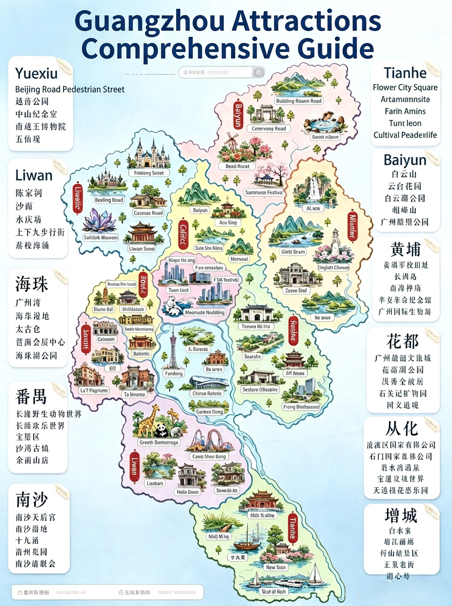 Bagi mereka yang mencari kota yang menggabungkan kekayaan warisan budaya, beragam kuliner, transportasi yang nyaman, dan kesesuaian untuk semua usia selama musim liburan musim panas, Guangzhou tidak diragukan lagi adalah pilihan terbaik.

Di sini, Anda akan menemukan pesona abadi bangunan arcade Xiguan, pemandangan malam modern di sepanjang Sungai Pearl, dan beragam aktivitas seperti taman hiburan ramah keluarga dan pemandian air panas pegunungan. Dari minum teh pagi hingga camilan larut malam, berbagai cita rasa Lingnan menawarkan fleksibilitas yang tinggi, memungkinkan berbagai kelompok wisatawan untuk menemukan ritme mereka sendiri. Panduan ini merencanakan ulang rute berdasarkan lokasi geografis kota, suhu tinggi di musim panas, dan jarak tempuh ke tempat wisata, bersama dengan rekomendasi akomodasi, daftar restoran, dan kiat musiman—sangat cocok untuk pengunjung pertama kali.

📌Persiapan Dasar Sebelum Perjalanan

1. Transportasi Kota: Di area perkotaan utama, andalkan sepenuhnya kereta bawah tanah. Dapatkan kode QR Guangzhou Metro melalui Alipay; tiket kereta bawah tanah tanpa batas 72 jam menawarkan nilai yang lebih baik. 1. Di jalanan Yuexiu dan Liwan yang padat, jarak pendek dapat ditempuh dengan nyaman menggunakan sepeda bersama. Untuk jarak yang lebih jauh ke distrik Baiyun, Huangpu, Conghua, dan Zengcheng, disarankan untuk menggabungkan kereta bawah tanah dengan taksi untuk menghindari kemacetan jam sibuk.

2. Saran Akomodasi: Prioritaskan area sekitar Jalan Beijing/Lapangan Haizhu, yang terletak di pusat kota, menawarkan perjalanan yang nyaman ke kota tua dan Kota Baru Zhujiang. Keluarga dengan anak-anak dapat pindah ke area Chimelong di Panyu untuk bagian akhir perjalanan mereka. Mereka yang lebih menyukai tempat peristirahatan pegunungan dan air yang tenang dapat menginap di penginapan pemandian air panas di Conghua untuk malam terakhir mereka.

3. Strategi Cuaca Musim Panas: Guangzhou panas dan lembap dengan seringnya hujan di bulan Juli dan Agustus. Bawalah payung serbaguna (satu untuk matahari dan satu untuk hujan). Saat siang hari yang panas, kunjungi ruang pameran dalam ruangan atau toko makanan penutup untuk bersantai dan menghindari paparan sinar matahari dan kelelahan.

🗓️Rencana Perjalanan Tur Bertema Lima Hari

Hari 1: Yuexiu + Liwan | Rute Budaya dan Semarak Kota Tua Xiguan

Rencana Perjalanan Hari Ini: Taman Yuexiu (Menara Zhenhai) → Balai Peringatan Sun Yat-sen → Museum Raja Nanyue → Kuil Dafosi Jalan Beijing → Akademi Klan Chen → Arkade Jalan Enning → Jembatan Bulan Yongqingfang → Pelayaran Malam Kanal Lizhiwan
Sorotan: Hari pertama menawarkan pengalaman mendalam tentang warisan sejarah Guangzhou. Satu rute menghubungkan situs-situs kuno, arsitektur Lingnan, dan jalanan yang ramai. Santai, berjalan-jalan, dan rasakan suasana otentik Guangzhou kuno – tidak perlu terburu-buru mengunjungi tempat-tempat wisata.

Rekomendasi Makanan Sepanjang Perjalanan:

Dim Sum Klasik: Pangsit Udang Kristal, Pangsit Kukus, Bakpao Babi Bakar, Lumpia Mie, Ceker Ayam Saus Tausi, Ayam Ketan

Makanan Jalanan di Xiguan: Bubur Perahu, Mie Wonton yang Ditekan Bambu, Lobak dan Jeroan Sapi, Daging Sapi Rebus

Toko Makanan Penutup Sore Hari: Puding Susu Kulit Ganda, Dadih Susu Jahe Buatan Tangan, Jeli Herbal

Tips Bermanfaat: Hari ini akan banyak berjalan kaki, jadi kenakan sepatu yang nyaman dan bersol lembut. Untuk sepenuhnya merasakan gaya hidup lokal, bangunlah lebih awal untuk menikmati budaya dim sum dan hindari keramaian dan panas di siang hari.

Hari ke-2 Tianhe + Haizhu | Tur Malam Pemandangan Sungai dan Landmark Perkotaan

Rencana Perjalanan: Alun-Alun Huacheng → Museum Provinsi Guangdong → Gedung Opera Guangzhou → Kawasan Pusat Bisnis Kota Baru Zhujiang → Pemandangan Matahari Terbenam Menara Canton → Berjalan menyeberangi sungai dari Jembatan Haixin → Jalan-jalan malam di sepanjang Sungai Pearl/Pelayaran Malam di Taikoo Place
Sorotan: Beralih ke perspektif perkotaan modern, lihat kompleks arsitektur di sepanjang poros pusat Guangzhou, habiskan hari belajar di museum, kagumi lampu menara saat matahari terbenam, dan berjalan-jalan di sepanjang sungai untuk menikmati pemandangan malam Guangzhou yang romantis. Keseimbangan antara aktivitas dan relaksasi. Rekomendasi Makanan

Hidangan Utama Kanton: Ayam Qingyuan Rebus, Angsa Panggang, Char Siu Berlapis Madu, Ayam Kecap

Makanan Ringan di Kawasan Bisnis Tianhe: Nasi Claypot Kanton, Casserole Panas, Jeroan Sapi Gaya Jalanan

Camilan Larut Malam: Makanan Laut Mentah yang Direndam, Tiram Bakar, Bubur Claypot Halus

Tips Perjalanan: Museum Provinsi Guangdong selalu ramai; lakukan reservasi setidaknya tiga hari sebelumnya melalui akun WeChat resminya. Menara Canton dan wisata air malamnya paling baik dinikmati pada sore hari; pemandangan siang hari kurang menarik karena sinar matahari yang terik.

Hari ke-3: Baiyun + Huangpu | Tema Ganda Hutan Pegunungan dan Sejarah Modern

Rencana Perjalanan Harian: Mendaki Gunung Baiyun dan Menikmati Pemandangan Indah → Melihat Bunga di Taman Yuntai → Jalan-jalan Santai di Taman Patung → Balai Peringatan Akademi Militer Huangpu → Jalan-jalan di Pulau Changzhou → Balai Peringatan Revolusi Xinhai → Kuil Nanhai
Sorotan: Lepaskan diri dari hiruk pikuk kota, rasakan perpaduan antara kehijauan yang rimbun dan warisan sejarah. Nikmati pemandangan kota yang panoramik dari puncak, dan jelajahi situs-situs bersejarah modern di sore hari, mengungkap sisi lain Guangzhou di luar kota tua dan distrik komersial. Rencana perjalanan ini terstruktur dengan baik.

Makanan Khas:

Cita Rasa Lokal Baiyun: Mie Pangsit Kanton, Nasi Daging Panggang, Sup Masak Lambat

Masakan Lokal Huangpu: Angsa Goreng Tepung, Bubur Perahu Tradisional, Sayuran Khas Pedesaan

Makanan Jalanan: Salad Kulit Ikan Dingin, Pangsit Goreng Renyah, Wafel Telur Khas Hong Kong

Tips Praktis: Disarankan untuk memulai perjalanan Anda ke Gunung Baiyun pagi-pagi sekali saat suhu masih sejuk dan udara segar. Objek wisata Huangpu tersebar; andalkan koneksi kereta bawah tanah dan perjalanan taksi singkat untuk menghemat waktu perjalanan.

Hari ke-4 Area Panyu | Rencana Perjalanan Liburan Santai Ramah Keluarga

Rencana Harian: Kunjungan mendalam ke Chimelong Safari Park atau Chimelong Paradise → Taman Lingnan di Baomo Garden → Berjalan-jalan di Kota Tua Shawan → Berjalan-jalan santai di Yu Yin Shan Fang
Sorotan: Area yang wajib dikunjungi untuk keluarga dengan anak-anak. Dua taman Chimelong memiliki gaya yang berbeda; Chimelong Safari Park cocok untuk keluarga segala usia, sedangkan Chimelong Paradise lebih cocok untuk remaja dan dewasa muda yang menikmati wahana. Di malam hari, berjalan-jalanlah di kota tua dan taman untuk menghilangkan lelah setelah aktivitas seharian.

Makanan Khas Panyu: Babi panggang tradisional, burung merpati goreng renyah, sup pangsit kulit ikan

Makanan Penutup Kota Tua: Puding susu kulit ganda, dadih susu jahe buatan tangan, mi beras tradisional

Saran Rencana Perjalanan: Fokus pada satu taman Chimelong secara mendalam setiap hari; Tidak perlu memaksakan diri untuk mengunjungi kedua taman tersebut, karena aktivitas fisik yang berlebihan dapat menyebabkan frustrasi. Habiskan waktu yang tersisa dengan berjalan-jalan santai di kota kuno dan mencicipi jajanan lokal.

Hari ke-5: Conghua + Zengcheng | Rute Akhir Pegunungan dan Sungai yang Santai

Rencana Perjalanan Hari Ini: Taman Hutan Sungai Liuxi → Taman Hutan Shimen/Pemandian Air Panas Bishuiwan → Air Terjun Baishuizhai → Bersepeda di sepanjang Galeri Zengjiang → Berbelanja Makanan dan Suvenir di Jalan Tua Zhengguo
Sorotan: Setelah menikmati pesona kota yang beragam selama empat hari pertama, hari terakhir menawarkan pelarian yang tenang dari hiruk pikuk perkotaan, memungkinkan Anda untuk menikmati hutan, sungai, pemandian air panas, dan pegunungan untuk pengalaman yang santai dan menenangkan. Ideal untuk perjalanan dengan mengemudi sendiri, ini adalah cara sempurna untuk mengakhiri perjalanan Anda dengan tenang.

Makanan Lokal yang Lezat

Spesialisasi Conghua: Ayam Panggang Kayu Leci, Makanan Laut Tawar Sungai Liuxi, Telur Rebus Air Panas

Cita Rasa Zengcheng: Pesta Kubis Akhir Musim, Pangsit Zhengguo, Tahu Isi Hakka

Makanan Pokok Lokal: Nasi Kukus Tabung Bambu, Makanan Laut Kukus

Tips Perjalanan: Conghua dan Zengcheng jauh dari pusat kota; disarankan untuk mengemudi sendiri atau menyewa mobil. Jika stamina Anda terbatas, Anda dapat memilih salah satu dari dua daerah ini untuk menghindari kerepotan perjalanan antar dua wilayah besar.

🍜Panduan Kuliner Lengkap Guangzhou: Panduan untuk Pemula

Hidangan Dim Sum yang Wajib Dicoba

Pangsit Udang Kristal, Pangsit Kukus, Char Siu Bao (Bakpao Babi Bakar), Lumpia Mie Beras, Kaki Ayam Saus Tausi, Ayam Ketan, Bubur Perahu

Hidangan Daging Panggang Klasik

Angsa Panggang Shenjing, Ayam Potong Putih, Char Siu Madu, Ayam Saus Kecap, Babi Panggang Renyah

Daftar Makanan Penutup Manis

Puding Susu Kulit Ganda, Puding Susu Jahe, Jeli Herbal, Sagu Mangga Pomelo, Sup Tausi, Makanan Penutup Kastanye Air

Makanan Jalanan

Lobak dan Jeroan Sapi, Kulit Ikan, Pangsit Goreng, Wafel Telur, Chai Ko Mangkuk (Kue Beras)

💡Empat Kiat Utama untuk Perjalanan Musim Panas

1. Aturan Alokasi Waktu: Sinar UV musim panas paling kuat 1. Waktu istirahat antara pukul 11:00 pagi dan 3:00 sore. Jadwalkan istirahat di tempat-tempat dalam ruangan dan toko-toko makanan penutup, dan habiskan pagi dan sore hari di luar ruangan untuk mengurangi risiko sengatan panas dan kelelahan secara signifikan. 2. Tips Reservasi Hemat Biaya: Semua tempat budaya dan museum utama serta atraksi populer menawarkan pemesanan online terlebih dahulu, sehingga Anda tidak perlu mengantre di tempat. Harga online umumnya lebih rendah daripada di loket tiket fisik; tiket paket Chimelong menawarkan diskon yang lebih besar jika dibeli sebelumnya.

3. Penyesuaian Jadwal yang Fleksibel: Pasangan dapat menambahkan Dongshankou Art Street dan Pulau Shamian ke dalam rencana perjalanan mereka; keluarga dengan anak-anak dapat memisahkan rute Chimelong dan Kota Tua mereka untuk menghindari kunjungan ke beberapa atraksi dalam satu hari; lansia sebaiknya meminimalkan berjalan kaki dan menggunakan transportasi.

4. Tips Menghindari Makanan: Restoran populer di dekat atraksi cenderung mahal; tempat makan favorit lokal di gang-gang tua menawarkan nilai yang lebih baik; masakan Kanton cenderung ringan, jadi mereka yang lebih menyukai rasa yang lebih kuat dapat meminta bumbu terlebih dahulu.

Untuk perjalanan musim panas, jika Anda mencari kota yang menggabungkan warisan budaya, pilihan makanan yang melimpah, transportasi yang nyaman, dan cocok untuk semua usia, Guangzhou jelas merupakan pilihan terbaik.

Area ini menawarkan perpaduan bangunan arcade Xiguan tradisional, pemandangan malam modern di sepanjang Sungai Pearl, dan beragam aktivitas seperti taman bermain anak-anak dan pemandian air panas pegunungan. Dari minum teh pagi hingga camilan larut malam, berbagai cita rasa Lingnan sangat beragam, memungkinkan berbagai kelompok wisatawan untuk menemukan ritme mereka sendiri. Kami telah mendesain ulang rute berdasarkan lokasi geografis kota, panasnya musim panas, dan jarak tempuh ke tempat wisata, bersama dengan rekomendasi akomodasi, daftar restoran, dan kiat musiman—sempurna untuk pengunjung pertama kali.

📌Persiapan Dasar Sebelum Perjalanan

1. Transportasi Kota: Di area perkotaan utama, andalkan sepenuhnya kereta bawah tanah. Dapatkan kode QR Guangzhou Metro melalui Alipay; tiket perjalanan tak terbatas 72 jam menawarkan nilai yang lebih baik. Di jalan-jalan yang padat di kota tua Yuexiu dan Liwan, jarak pendek dapat ditempuh dengan nyaman menggunakan sepeda bersama. 1. Untuk perjalanan jarak jauh ke distrik Baiyun, Huangpu, Conghua, dan Zengcheng, disarankan untuk menggabungkan kereta bawah tanah dengan taksi untuk menghindari kemacetan jam sibuk.

2. Saran Akomodasi: Prioritaskan area sekitar Jalan Beijing/Lapangan Haizhu, yang terletak di pusat kota, menawarkan akses mudah ke kota tua dan Kota Baru Zhujiang. Keluarga dengan anak-anak dapat pindah ke area Chimelong di Panyu untuk bagian akhir perjalanan mereka. Mereka yang lebih menyukai tempat peristirahatan pegunungan dan air yang tenang dapat menginap di penginapan pemandian air panas di Conghua untuk malam terakhir mereka.

3. Strategi Cuaca Musim Panas: Guangzhou panas dan lembap dengan seringnya hujan di bulan Juli dan Agustus. Bawalah payung serbaguna (satu untuk matahari dan satu untuk hujan). Saat siang hari yang panas, kunjungi ruang pameran dalam ruangan atau toko makanan penutup untuk bersantai dan menghindari paparan sinar matahari dan kelelahan.

🗓️Rencana Perjalanan Tur Bertema Lima Hari

Hari 1: Yuexiu + Liwan | Rute Budaya dan Semarak Kota Tua Xiguan

Rencana Perjalanan Harian: Taman Yuexiu (Menara Zhenhai) → Balai Peringatan Sun Yat-sen → Museum Raja Nanyue → Kuil Dafosi Jalan Beijing → Akademi Klan Chen → Arkade Jalan Enning → Jembatan Bulan Yongqingfang → Pelayaran Malam Kanal Lizhiwan
Sorotan: Hari pertama menawarkan pengalaman mendalam tentang warisan sejarah Guangzhou. Satu rute menghubungkan situs-situs kuno, arsitektur Lingnan, dan jalanan yang ramai. Santai, berjalan-jalan, dan rasakan suasana otentik Guangzhou kuno – tidak perlu terburu-buru mengunjungi tempat-tempat wisata.

Rekomendasi Makanan Sepanjang Perjalanan:

Dim Sum Klasik: Pangsit Udang Kristal, Pangsit Kukus, Bakpao Babi Bakar, Lumpia Mie, Ceker Ayam Saus Tausi, Ayam Ketan

Makanan Jalanan di Xiguan: Bubur Perahu, Mie Wonton yang Ditekan Bambu, Lobak dan Jeroan Sapi, Daging Sapi Rebus

Toko Makanan Penutup Sore Hari: Puding Susu Kulit Ganda, Dadih Susu Jahe Buatan Tangan, Jeli Herbal

Tips Bermanfaat: Hari ini akan banyak berjalan kaki, jadi kenakan sepatu yang nyaman dan bersol lembut. Untuk sepenuhnya merasakan gaya hidup lokal, bangunlah lebih awal untuk menikmati budaya dim sum dan hindari keramaian dan panas di siang hari.

Hari ke-2 Tianhe + Haizhu | Tur Malam Pemandangan Sungai dan Landmark Perkotaan

Rencana Perjalanan: Alun-Alun Huacheng → Museum Provinsi Guangdong → Gedung Opera Guangzhou → Kawasan Pusat Bisnis Kota Baru Zhujiang → Pemandangan Matahari Terbenam Menara Canton → Berjalan menyeberangi sungai dari Jembatan Haixin → Jalan-jalan malam di sepanjang Sungai Pearl/Pelayaran Malam di Taikoo Place
Sorotan: Beralih ke perspektif perkotaan modern, lihat kompleks arsitektur di sepanjang poros pusat Guangzhou, habiskan hari belajar di museum, kagumi lampu menara saat matahari terbenam, dan berjalan-jalan di sepanjang sungai untuk menikmati pemandangan malam Guangzhou yang romantis. Keseimbangan antara aktivitas dan relaksasi. Rekomendasi Makanan

Hidangan Utama Kanton: Ayam Qingyuan Rebus, Angsa Panggang, Char Siu Berlapis Madu, Ayam Kecap

Makanan Ringan di Kawasan Bisnis Tianhe: Nasi Claypot Kanton, Casserole Panas, Jeroan Sapi Gaya Jalanan

Camilan Larut Malam: Makanan Laut Mentah yang Direndam, Tiram Bakar, Bubur Claypot Halus

Tips Perjalanan: Museum Provinsi Guangdong selalu ramai; lakukan reservasi setidaknya tiga hari sebelumnya melalui akun WeChat resminya. Menara Canton dan wisata air malamnya paling baik dinikmati pada sore hari; pemandangan siang hari kurang menarik karena sinar matahari yang terik.

Hari ke-3: Baiyun + Huangpu | Tema Ganda Hutan Pegunungan dan Sejarah Modern

Rencana Perjalanan Harian: Mendaki Gunung Baiyun dan Menikmati Pemandangan Indah → Melihat Bunga di Taman Yuntai → Jalan-jalan Santai di Taman Patung → Balai Peringatan Akademi Militer Huangpu → Jalan-jalan di Pulau Changzhou → Balai Peringatan Revolusi Xinhai → Kuil Nanhai
Sorotan: Lepaskan diri dari hiruk pikuk kota, rasakan perpaduan antara kehijauan yang rimbun dan warisan sejarah. Nikmati pemandangan kota yang panoramik dari puncak, dan jelajahi situs-situs bersejarah modern di sore hari, mengungkap sisi lain Guangzhou di luar kota tua dan distrik komersial. Rencana perjalanan ini terstruktur dengan baik.

Makanan Khas:

Cita Rasa Lokal Baiyun: Mie Pangsit Kanton, Nasi Daging Panggang, Sup Masak Lambat

Masakan Lokal Huangpu: Angsa Goreng Tepung, Bubur Perahu Tradisional, Sayuran Khas Pedesaan

Makanan Jalanan: Salad Kulit Ikan Dingin, Pangsit Goreng Renyah, Wafel Telur Khas Hong Kong

Tips Praktis: Disarankan untuk memulai perjalanan Anda ke Gunung Baiyun pagi-pagi sekali saat suhu masih sejuk dan udara segar. Objek wisata Huangpu tersebar; andalkan koneksi kereta bawah tanah dan perjalanan taksi singkat untuk menghemat waktu perjalanan.

Hari ke-4 Area Panyu | Rencana Perjalanan Liburan Santai Ramah Keluarga

Rencana Harian: Kunjungan mendalam ke Chimelong Safari Park atau Chimelong Paradise → Taman Lingnan di Baomo Garden → Berjalan-jalan di Kota Tua Shawan → Berjalan-jalan santai di Yu Yin Shan Fang
Sorotan: Area yang wajib dikunjungi untuk keluarga dengan anak-anak. Dua taman Chimelong memiliki gaya yang berbeda; Chimelong Safari Park cocok untuk keluarga segala usia, sedangkan Chimelong Paradise lebih cocok untuk remaja dan dewasa muda yang menikmati wahana. Di malam hari, berjalan-jalanlah di kota tua dan taman untuk menghilangkan lelah setelah aktivitas seharian.

Makanan Khas Panyu: Babi panggang tradisional, burung merpati goreng renyah, sup pangsit kulit ikan

Makanan Penutup Kota Tua: Puding susu kulit ganda, dadih susu jahe buatan tangan, mi beras tradisional

Saran Rencana Perjalanan: Fokus pada satu taman Chimelong secara mendalam setiap hari; Tidak perlu memaksakan diri untuk mengunjungi kedua taman tersebut, karena aktivitas fisik yang berlebihan dapat menyebabkan frustrasi. Habiskan waktu yang tersisa dengan berjalan-jalan santai di kota kuno dan mencicipi jajanan lokal.

Hari ke-5: Conghua + Zengcheng | Rute Akhir Pegunungan dan Sungai yang Santai

Rencana Perjalanan Hari Ini: Taman Hutan Sungai Liuxi → Taman Hutan Shimen/Pemandian Air Panas Bishuiwan → Air Terjun Baishuizhai → Bersepeda di sepanjang Galeri Zengjiang → Berbelanja Makanan dan Suvenir di Jalan Tua Zhengguo
Sorotan: Setelah menikmati pesona kota yang beragam selama empat hari pertama, hari terakhir menawarkan pelarian yang tenang dari hiruk pikuk perkotaan, memungkinkan Anda untuk menikmati hutan, sungai, pemandian air panas, dan pegunungan untuk pengalaman yang santai dan menenangkan. Ideal untuk perjalanan dengan mengemudi sendiri, ini adalah cara sempurna untuk mengakhiri perjalanan Anda dengan tenang.

Makanan Lokal yang Lezat

Spesialisasi Conghua: Ayam Panggang Kayu Leci, Makanan Laut Tawar Sungai Liuxi, Telur Rebus Air Panas

Cita Rasa Zengcheng: Pesta Kubis Akhir Musim, Pangsit Zhengguo, Tahu Isi Hakka

Makanan Pokok Lokal: Nasi Kukus Tabung Bambu, Makanan Laut Kukus

Tips Perjalanan: Conghua dan Zengcheng jauh dari pusat kota; disarankan untuk mengemudi sendiri atau menyewa mobil. Jika stamina Anda terbatas, Anda dapat memilih salah satu dari dua daerah ini untuk menghindari kerepotan perjalanan antar dua wilayah besar.

🍜Panduan Kuliner Lengkap Guangzhou: Panduan untuk Pemula

Hidangan Dim Sum yang Wajib Dicoba

Pangsit Udang Kristal, Pangsit Kukus, Char Siu Bao (Bakpao Babi Bakar), Lumpia Mie Beras, Kaki Ayam Saus Tausi, Ayam Ketan, Bubur Perahu

Hidangan Daging Panggang Klasik

Angsa Panggang Shenjing, Ayam Potong Putih, Char Siu Madu, Ayam Saus Kecap, Babi Panggang Renyah

Daftar Makanan Penutup Manis

Puding Susu Kulit Ganda, Puding Susu Jahe, Jeli Herbal, Sagu Mangga Pomelo, Sup Tausi, Makanan Penutup Kastanye Air

Makanan Jalanan

Lobak dan Jeroan Sapi, Kulit Ikan, Pangsit Goreng, Wafel Telur, Chai Ko Mangkuk (Kue Beras)

💡Empat Kiat Utama untuk Perjalanan Musim Panas

1. Aturan Alokasi Waktu: Sinar UV musim panas paling kuat 1. Waktu istirahat antara pukul 11:00 pagi dan 3:00 sore. Jadwalkan istirahat di tempat-tempat dalam ruangan dan toko-toko makanan penutup, dan habiskan pagi dan sore hari di luar ruangan untuk mengurangi risiko sengatan panas dan kelelahan secara signifikan. 2. Tips Reservasi Hemat Biaya: Semua tempat budaya dan museum utama serta atraksi populer menawarkan pemesanan online terlebih dahulu, sehingga Anda tidak perlu mengantre di tempat. Harga online umumnya lebih rendah daripada di loket tiket fisik; tiket paket Chimelong menawarkan diskon yang lebih besar jika dibeli sebelumnya.

3. Penyesuaian Jadwal yang Fleksibel: Pasangan dapat menambahkan Dongshankou Art Street dan Pulau Shamian ke dalam rencana perjalanan mereka; keluarga dengan anak-anak harus memisahkan rute Chimelong dan Kota Tua mereka untuk menghindari kunjungan ke beberapa atraksi dalam satu hari; lansia harus meminimalkan berjalan kaki dan menggunakan transportasi.

4. Tips Keamanan Makanan: Restoran populer di dekat atraksi cenderung mahal; tempat makan favorit lokal di gang-gang tua menawarkan nilai yang lebih baik; masakan Kanton cenderung ringan, jadi mereka yang lebih menyukai rasa yang lebih kuat dapat meminta bumbu terlebih dahulu.

