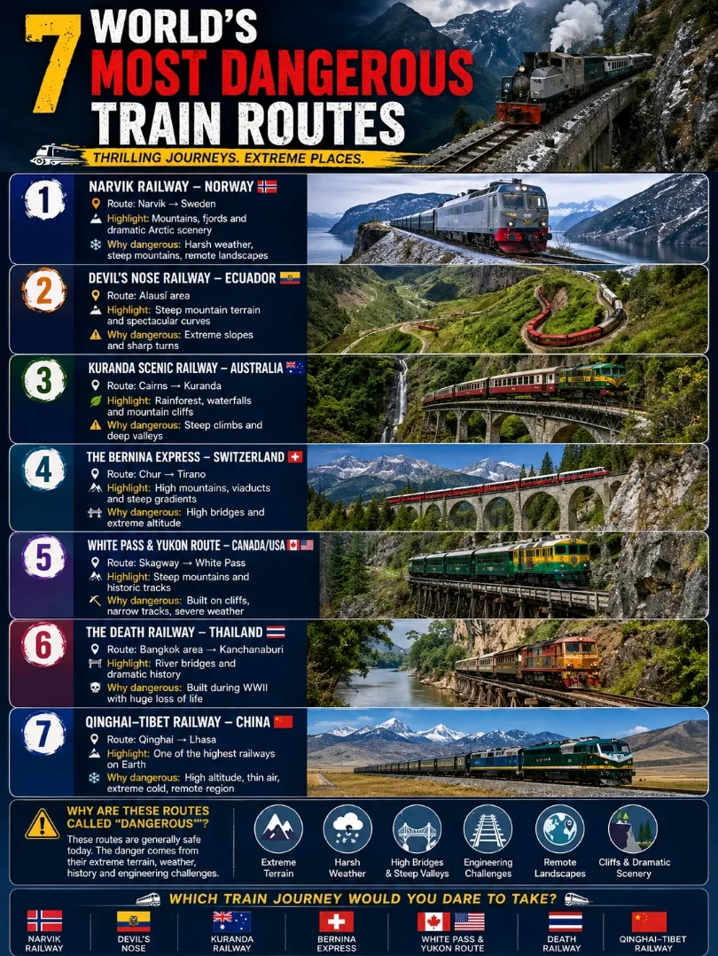 🚆🌍 全球七大最危險刺激的火車線 😱

有些火車旅行不僅僅是抵達目的地——它們更關乎極致的地形、陡峭的懸崖、狹窄的鐵軌以及令人難忘的冒險! 🏔️🚆

以下是全球七條最危險刺激的火車線路,吸引許多熱愛冒險的旅客。 🌍🔥

🥇 1. 納爾維克鐵路 — 挪威 🇳🇴

❄️ 線:納爾維克 → 瑞典

🏔️ 亮點:山脈、峽灣和壯麗的北極風光

🚆 這條鐵路穿越崎嶇的北方地貌,皚皚白雪、陡峭的山峰和惡劣的天氣共同造就了一段驚心動魄的旅程。

🥈 2. 魔鬼之鼻鐵路 — 厄瓜多 🇪🇨

😱 路線:阿拉烏西地區

🏔️ 亮點:陡峭的山地地形和壯觀的彎道

🚆 這條歷史悠久的鐵路以其壯麗的安第斯山脈風光而聞名,其充滿挑戰的山路也使其聲名遠揚。

🥉 3. 庫蘭達觀光鐵路 — 澳洲 🇦🇺

🌿 路線:凱恩斯 → 庫蘭達

⛰️ 亮點:熱帶雨林、瀑布和山崖

🚆 列車蜿蜒穿過熱帶雨林,沿途可欣賞壯麗的山谷和瀑佈景色。彷彿置身於澳洲的野性之美之中。

4️⃣ 伯恩納快車 — 瑞士 🇨🇭

🏔️ 路線:庫爾 → 蒂拉諾

🚆 亮點:高山、高架橋和陡峭的坡度

🌉 這列著名的火車穿越壯觀的橋樑和山口,其中包括標誌性的蘭德瓦瑟高架橋。

5️⃣ 白隘口及育空鐵路 — 加拿大/美國 🇨🇦🇺🇸

🏔️ 路線:斯卡圭 → 白隘口

❄️ 亮點:陡峭的山脈和歷史悠久的鐵軌

🚆 這條鐵路建於克朗代克淘金熱時期,穿越崎嶇的阿拉斯加和育空地區。

6️⃣ 死亡鐵路 — 泰國 🇹🇭

🌉 路線:曼谷地區 → 北碧府

🚆 亮點:河流橋樑和悲壯的歷史

🌿 這條鐵路橫跨著名的桂河地區,途經美麗的鄉村。它的名字來自二戰期間的悲慘歷史以及修建過程中造成的巨大傷亡。

7️⃣ 青藏鐵路 — 中國 🇨🇳

🏔️ 路線:青海 → 拉薩

🚆 亮點:地球上海拔最高的鐵路之一

❄️ 列車穿越青藏高原,途經巍峨的高山和人煙稀少的地區。高海拔使得這段旅程對一些旅客來說格外具有挑戰性。

⚠️ 為什麼這些路線被稱為「危險」?

如今,其中許多鐵路對乘客來說並不危險。 「危險」一詞主要指的是以下幾點:

🏔️ 極端地形

🌨️ 惡劣天氣

🌉 高架橋樑和陡峭山谷

🚆 歷史工程挑戰

🌊 偏遠地區

😱 壯麗的懸崖和山景

🌍 你敢搭乘哪一班火車?

🇳🇴 納爾維克鐵路

🇪🇨 魔鬼之鼻

🇦🇺 庫蘭達觀光鐵路

🇨🇭 伯恩納快車

🇨🇦 白隘口與育空鐵路

🇹🇭 死亡鐵路

🇨🇳 青藏鐵路

🚆 你會選擇搭乘其中一班火車嗎?請在評論區留下你的選擇! 👇

#危險火車路線 #火車旅行 #探險旅行 #環球旅行 #火車之旅 #旅行願望清單 #風景火車 #鐵路旅行 #旅行冒險 #探索世界 #2026旅行計劃