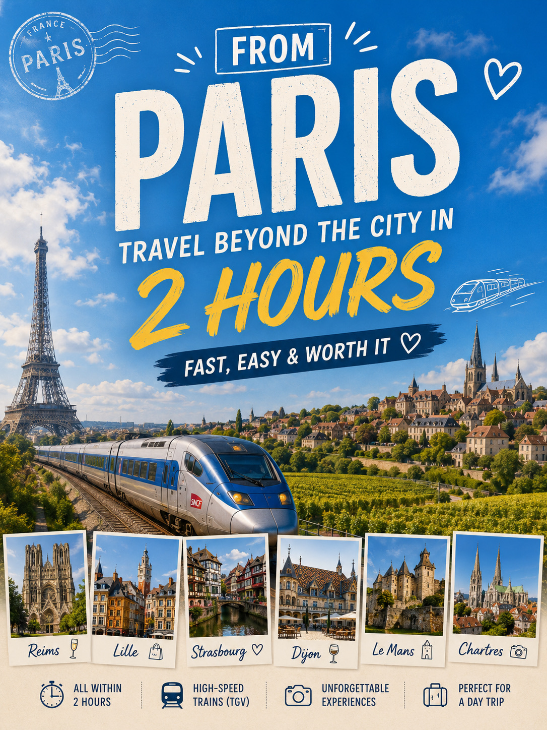 🚄 Where can you go from Paris in 2 hours? You can visit multiple cities without changing hotels. 🇫🇷
