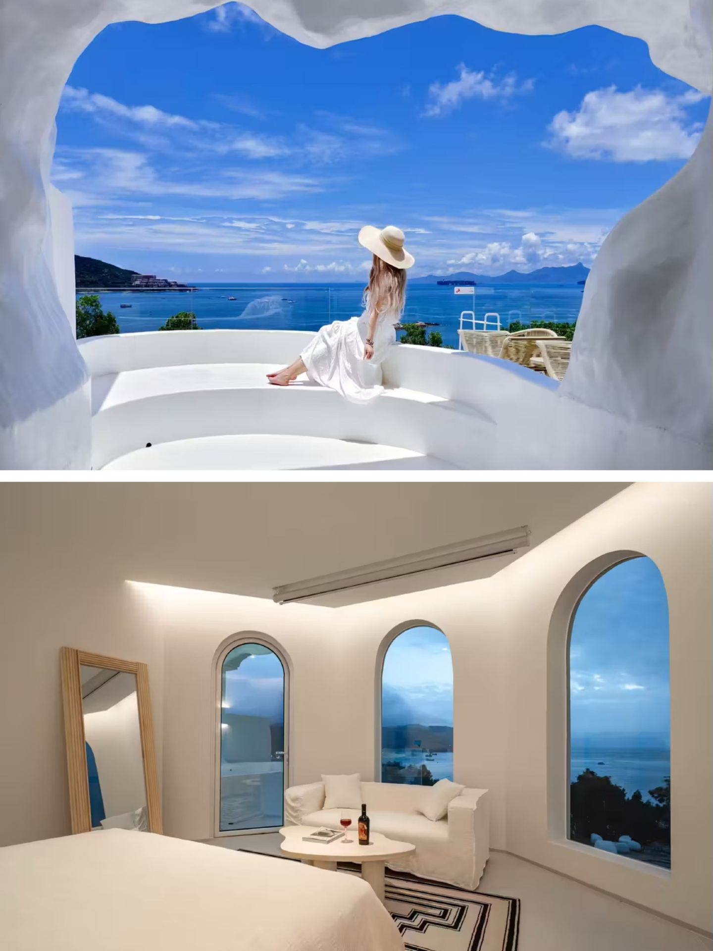  This luxury boutique guesthouse, popular on social media, is built on the cliffs of Nanao. Just a few minutes' walk downstairs to the seaside, it features blue and white houses with terraces and private hot spring pools overlooking the sea. It is recommended that guests drive themselves.

📍Detailed Address
Room 101, Building D2, No. 33 Haibin South Road, Shenzhen, Guangdong - Miyue. Shenzhen Blue and White Holy Island Cliff Hot Spring Boutique Stay.

📝Tips to Note
The guesthouse has archways and cave-like walls, a small infinity pool, a sea view restaurant, and a cozy book bar. You can walk to Sapphire Beach to dig sand and watch the sunset. There are multiple buildings such as J/K/L/G, with over 20 rooms in total. Most rooms have sea views or side sea views. Some rooms come with cliff terraces with private hot spring pools or cave hot spring pools, and some have mini private swimming pools. Rooms are equipped with Bluetooth speakers, aromatherapy, Dyson hairdryers, and smart guest controls. The stay includes breakfast for two, afternoon tea, and a goodnight sweet soup. A 20-minute free travel photo shoot is also offered but must be booked in advance. Some rooms have many stairs, which may be inconvenient for luggage.