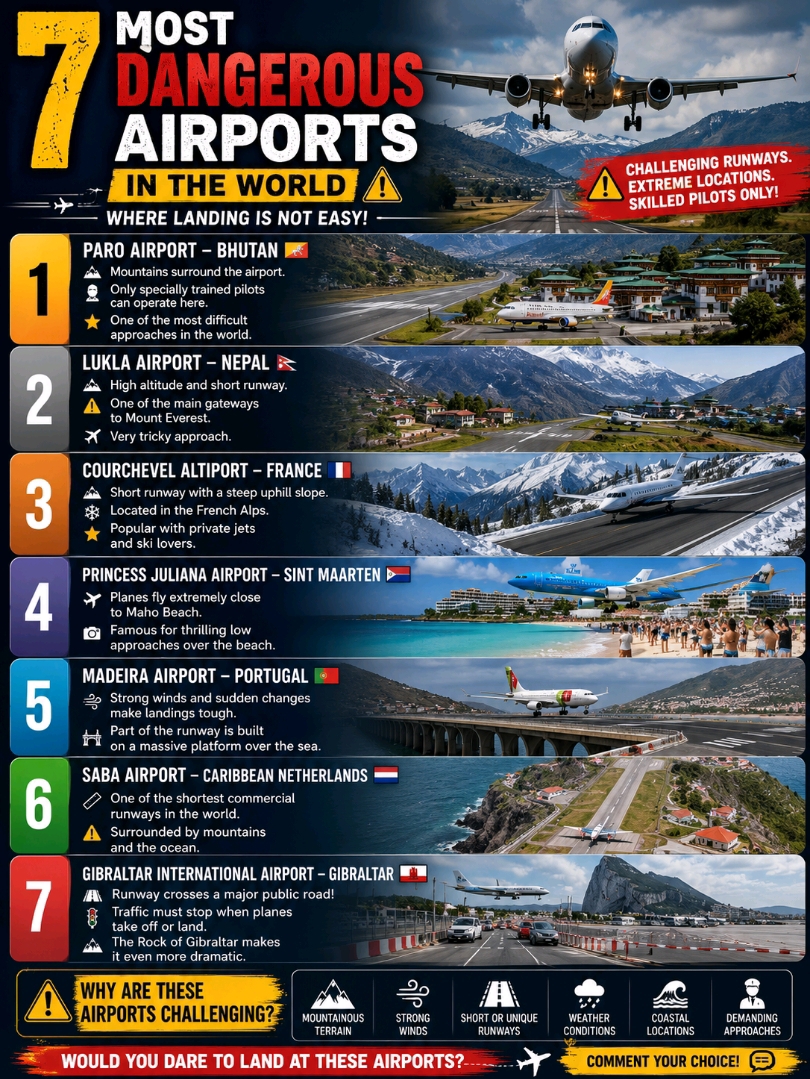 ✈️🌍 7 Most Dangerous Airports in the World 😱

Some airports are famous not because they are huge or luxurious, but because landing there requires exceptional skill, precision and courage! 🏔️✈️

From tiny mountain runways to short coastal strips, these airports are among the world’s most challenging and dramatic places to land.

🥇 1. Paro Airport — Bhutan 🇧🇹

🏔️ Location: Paro
✈️ Why challenging: Mountains surround the airport and the approach is highly demanding.
😱 Only specially trained pilots are permitted to operate certain flights here, making every landing an unforgettable experience.

🥈 2. Lukla Airport — Nepal 🇳🇵

🏔️ Airport: Tenzing-Hillary Airport
✈️ Why challenging: High altitude, mountainous terrain and a short runway.
🥾 It is one of the main gateways for travelers heading toward Mount Everest.

🥉 3. Courchevel Altiport — France 🇫🇷

🏔️ Location: French Alps
✈️ Why challenging: Short runway with a dramatic uphill slope and mountainous surroundings.
🎿 This spectacular airport serves the famous Alpine ski resort of Courchevel.

4️⃣ Princess Juliana Airport — Sint Maarten 🇸🇽

🏖️ Why famous: The runway is extremely close to Maho Beach.
✈️ Large aircraft pass surprisingly close to beachgoers during approach, creating one of the world’s most famous aviation views.

5️⃣ Madeira Airport — Portugal 🇵🇹

🌊 Location: Madeira
✈️ Why challenging: Ocean, mountains and changing winds make approaches demanding.
🏗️ A large section of the runway was extended over the sea using a massive structure supported by columns.

6️⃣ Saba Airport — Caribbean Netherlands 🇧🇶

🏝️ Airport: Juancho E. Yrausquin Airport
✈️ Why challenging: One of the world’s shortest commercial airport runways.
😱 The runway is squeezed between mountains and the sea, leaving very little room for error.

7️⃣ Gibraltar International Airport — Gibraltar 🇬🇮

🛣️ Why unique: The runway crosses a major public road!
✈️ Traffic on Winston Churchill Avenue must stop whenever an aircraft takes off or lands.
🏔️ The Rock of Gibraltar adds another dramatic feature to the airport surroundings.

⚠️ Why Are These Airports Considered Dangerous?

“Dangerous” doesn't necessarily mean unsafe. Modern aviation has strict procedures and highly trained crews. These airports are considered challenging because of:

🏔️ Mountainous terrain
🌬️ Strong or changing winds
🌊 Coastal locations
📏 Short or unusual runways
🌧️ Weather conditions
🎯 Highly demanding approaches

😱 Which Airport Would You Dare to Land At?

🇧🇹 Paro
🇳🇵 Lukla
🇫🇷 Courchevel
🇸🇽 Sint Maarten
🇵🇹 Madeira
🇧🇶 Saba
🇬🇮 Gibraltar

✈️ Would you be nervous landing at one of these airports? Tell us in the comments! 👇

#DangerousAirports  #AirportTravel  #Aviation  #TravelWorld  #AdventureTravel  #Airports  #TravelBucketList  #FlightTravel  #Travel2026  #ExploreTheWorld 