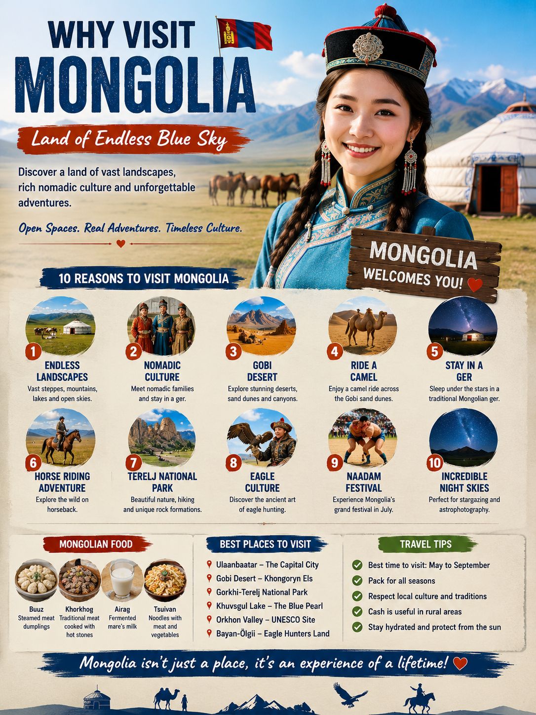 🇲🇳 ทำไมคุณควรมาเยือนมองโกเลีย ✈️🐎

กำลังมองหาสถานที่ท่องเที่ยวที่แตกต่างจากแหล่งท่องเที่ยวทั่วไปอยู่หรือเปล่า? มองโกเลียเป็นประเทศที่น่าทึ่งด้วยภูมิประเทศกว้างใหญ่ วัฒนธรรมแบบเร่ร่อน ทะเลทรายอันตระการตา และการผจญภัยที่ยากจะลืมเลือน

🏔️ 1. สัมผัสกับภูมิประเทศอันกว้างใหญ่ไพศาล

มองโกเลียมีชื่อเสียงในเรื่องพื้นที่โล่งกว้างใหญ่ไพศาล ตั้งแต่ทุ่งหญ้าและภูเขาไปจนถึงหุบเขาอันห่างไกล ทิวทัศน์ดูราวกับยังไม่ถูกแตะต้อง

🐎 2. ค้นพบวิถีชีวิตแบบเร่ร่อน

พบปะกับครอบครัวเร่ร่อนชาวมองโกเลียแบบดั้งเดิม พักในเกอร์ (กระโจม) และสัมผัสวิถีชีวิตที่เชื่อมโยงกับธรรมชาติมานานหลายศตวรรษ

🏜️ 3. สำรวจทะเลทรายโกบี

ทะเลทรายโกบีเป็นหนึ่งในสถานที่ท่องเที่ยวที่โดดเด่นที่สุดของมองโกเลีย ชมเนินทรายขนาดใหญ่ ภูมิประเทศที่เป็นหิน หน้าผาอันตระการตา และสัตว์ป่าทะเลทรายที่มีเอกลักษณ์เฉพาะตัว

🐪 4. ขี่อูฐ

การขี่อูฐข้ามเนินทรายของทะเลทรายโกบีเป็นหนึ่งในประสบการณ์ที่น่าจดจำที่สุดที่คุณจะได้รับในมองโกเลีย

🏕️ 5. พักในกระโจมแบบดั้งเดิม

ใช้เวลาหนึ่งคืนในกระโจมมองโกลแบบดั้งเดิมใต้ท้องฟ้าเปิดกว้าง ห่างไกลจากแสงไฟในเมือง ท้องฟ้ายามค่ำคืนนั้นงดงามตระการตา

🐴 6. การผจญภัยขี่ม้า

มองโกเลียมีประเพณีการขี่ม้าที่สืบทอดมายาวนาน การสำรวจชนบทบนหลังม้าจะทำให้คุณได้สัมผัสกับประเทศในอีกรูปแบบหนึ่งที่แตกต่างออกไป

🏞️ 7. เยี่ยมชมอุทยานแห่งชาติเทเรลจ์

อุทยานแห่งชาติกอร์คี-เทเรลจ์ตั้งอยู่ใกล้กับอูลานบาตาร์ มีลักษณะทางธรณีวิทยาที่น่าทึ่ง ป่าไม้ ภูเขา และกิจกรรมผจญภัยกลางแจ้งมากมาย

🦅 8. สัมผัสวัฒนธรรมนกอินทรี

ในมองโกเลียตะวันตก โดยเฉพาะบริเวณบายัน-ออลกี คุณสามารถค้นพบวัฒนธรรมดั้งเดิมของนักล่านกอินทรีชาวคาซัค และเรียนรู้เกี่ยวกับความสัมพันธ์อันน่าทึ่งของพวกเขากับนกอินทรีทอง

🎉 9. สัมผัสเทศกาลนาอาดัม

หากคุณมาเยือนในเดือนกรกฎาคม ลองไปสัมผัสเทศกาลนาอาดัม เทศกาลที่มีชื่อเสียงของมองโกเลีย ซึ่งมีการแข่งขันมวยปล้ำ แข่งม้า และยิงธนู

🌌 10. ชมท้องฟ้ายามค่ำคืนอันน่าทึ่ง

ด้วยพื้นที่ชนบทห่างไกลอันกว้างใหญ่และมลภาวะทางแสงน้อยมาก มองโกเลียจึงเป็นจุดหมายปลายทางที่น่าทึ่งสำหรับการดูดาวและการถ่ายภาพดาราศาสตร์

🍖 อย่าพลาดอาหารมองโกล

ลองชิมอาหารท้องถิ่นยอดนิยม เช่น:

🥟 บูซ – เกี๊ยวเนื้อนึ่ง
🍖 คอร์ค็อก – เนื้อย่างบนหินร้อนแบบดั้งเดิม
🥛 ไอรัก – นมม้าหมัก
🍜 ซุยวาน – บะหมี่เนื้อและผัก

🇮🇳 ทำไมชาวอินเดียควรพิจารณาเที่ยวประเทศมองโกเลีย

มองโกเลียมอบประสบการณ์ที่แตกต่างจากการท่องเที่ยวต่างประเทศทั่วไป: การผจญภัย ธรรมชาติ วัฒนธรรมเร่ร่อน ทะเลทราย และทิวทัศน์อันกว้างใหญ่

โดยเฉพาะอย่างยิ่งเหมาะสำหรับนักท่องเที่ยวที่ต้องการจุดหมายปลายทางที่แปลกใหม่ ห่างไกลจากเมืองท่องเที่ยวที่แออัด

❤️ มองโกเลียกำลังเรียกหาคุณ!

ทะเลทรายโกบี + วัฒนธรรมเร่ร่อน + ม้า + ภูเขา + ท้องฟ้าอันน่าทึ่ง = มองโกเลีย! 🇲🇳

บันทึกโพสต์นี้และเพิ่มมองโกเลียลงในรายการสถานที่ท่องเที่ยวที่คุณอยากไป ✈️🏔️🐎

#มองโกเลีย #ท่องเที่ยวมองโกเลีย #เที่ยวมองโกเลีย #อูลานบาตาร์ #ทะเลทรายโกบี #วิถีชีวิตแบบเร่ร่อน #ท่องเที่ยวเอเชีย #ท่องเที่ยวผจญภัย #ท่องเที่ยวนอกกระแส #ท่องเที่ยวจากอินเดีย #ท่องเที่ยว2026