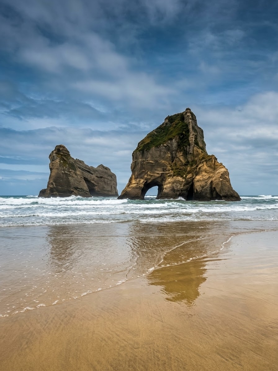🏝️🌊 Wharariki Beach — Sand dunes and rocks in the middle of the sea that look like sculptures. 🇳🇿✨
