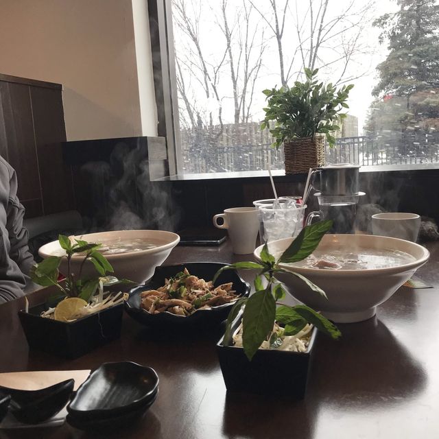 Hot pho (Vietnamese noodles soup) in a cold snowy day