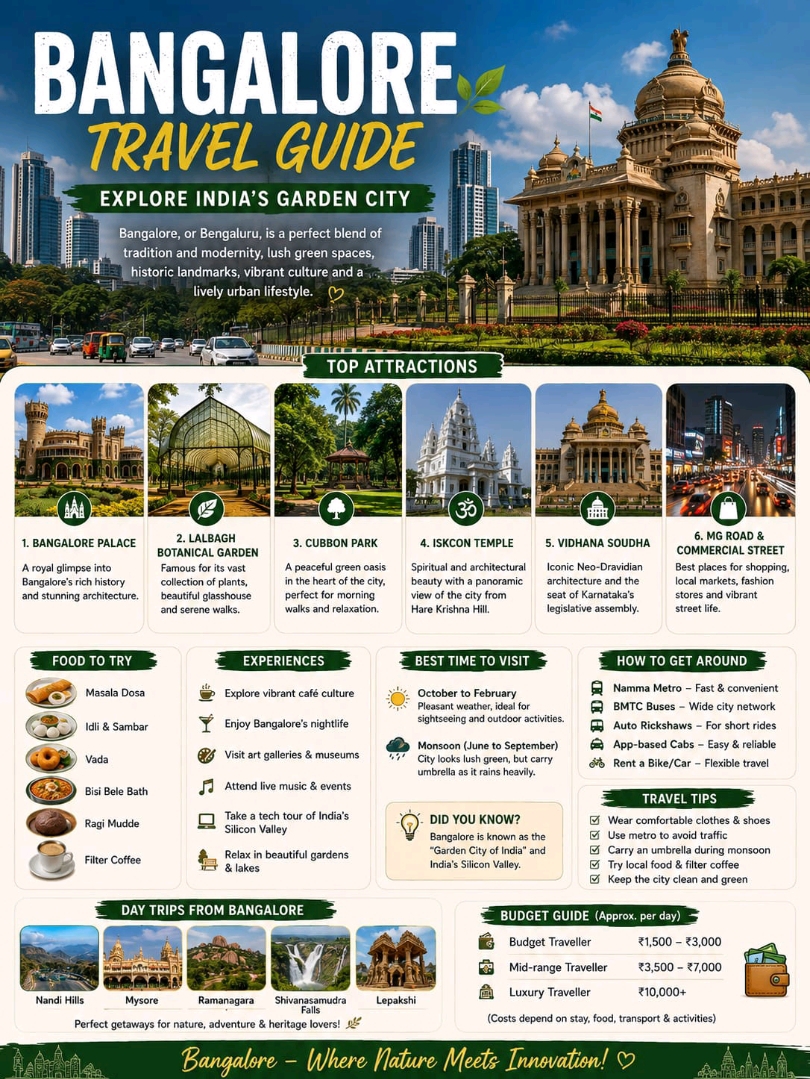 #skylinescapes 
🌿 Bangalore Travel Guide: Explore India’s Garden City

Bangalore—officially Bengaluru—is one of India’s most vibrant cities, famous for its pleasant climate, lush green spaces, historic landmarks, cafés, technology industry and lively urban culture.

Often called the Garden City of India, Bengaluru offers a different experience from many major Indian cities. You can explore a centuries-old palace in the morning, relax in a beautiful park, enjoy South Indian food for lunch and finish the day at a modern rooftop café.

🏰 1. Visit Bangalore Palace

Bangalore Palace is one of the city's most recognizable landmarks. Inspired by English Tudor-style architecture, the palace features grand interiors, historic rooms and beautiful grounds.

It is a great stop for architecture and history lovers.

🌳 2. Relax at Lalbagh Botanical Garden

Lalbagh is one of Bengaluru's most famous green spaces.

Spread across a large area, the garden is known for its enormous collection of plants, mature trees, walking paths and the iconic glasshouse.

🌿 Best for: morning walks, photography and nature lovers.

🌲 3. Explore Cubbon Park

Located in the heart of the city, Cubbon Park provides a peaceful escape from Bengaluru's busy streets.

The extensive greenery and walking paths make it particularly enjoyable in the early morning or evening.

🛕 4. Visit ISKCON Temple

The ISKCON Temple on Hare Krishna Hill is an important spiritual and architectural attraction.

Visitors can experience the temple complex, devotional atmosphere and panoramic views of parts of the city.

🏛️ 5. Discover Vidhana Soudha

Vidhana Soudha is one of Bengaluru's most iconic buildings and an impressive example of Neo-Dravidian architecture.

The massive structure houses the Karnataka state legislature and is especially striking when illuminated after dark.

🎨 6. Explore Bengaluru's Art & Culture

Bengaluru has a thriving cultural scene, with art galleries, museums, theatres, live performances and independent creative spaces.

The city is particularly popular with younger travellers because of its mix of traditional Karnataka culture and contemporary urban life.

☕ 7. Experience Bangalore's Café Culture

Bengaluru has developed a strong café and specialty-coffee culture.

From traditional South Indian filter coffee to modern cafés serving specialty brews, the city offers plenty of options for coffee lovers.

🍛 8. Taste Local Food

A Bangalore trip is incomplete without trying its local food.

Don't miss:

· 🥞 Masala Dosa
· ☕ South Indian Filter Coffee
· 🍚 Bisi Bele Bath
· 🫓 Ragi Mudde
· 🌶️ Vada
· 🥣 Idli & Sambar
· 🍨 Traditional Indian desserts

For an authentic experience, explore traditional eateries as well as Bengaluru's modern food scene.

🛍️ 9. Go Shopping

Bengaluru offers everything from traditional markets to modern shopping malls.

Explore Commercial Street for clothing, accessories and street shopping, while areas such as Indiranagar and Koramangala are known for boutiques, cafés and contemporary lifestyle stores.

🌃 10. Experience Bangalore After Dark

Bengaluru has a lively evening scene with restaurants, pubs, live-music venues, breweries, cafés and rooftop establishments.

Indiranagar, Koramangala and MG Road are among the popular areas for dining and entertainment.

💻 11. Discover India's Technology Capital

Bengaluru is widely recognized as one of India's major technology and startup centres.

Areas such as Electronic City, Whitefield and Outer Ring Road showcase the city's modern business environment.

This technology-driven identity is a major part of contemporary Bengaluru.

🏞️ 12. Take a Day Trip from Bangalore

Bengaluru is also a convenient base for exploring destinations around Karnataka.

Popular excursions include:

🏰 Mysore
🌿 Nandi Hills
🏞️ Ramanagara
🌊 Shivanasamudra Falls
🛕 Lepakshi
🌳 Bannerghatta National Park

Depending on the destination and traffic, travel times can vary considerably.

🌤️ Best Time to Visit Bangalore

Bengaluru generally has a relatively moderate climate compared with many Indian cities.

October to February is often considered a comfortable period for sightseeing, while the monsoon months bring greener landscapes and occasional heavy rain.

Because weather can change quickly, carrying a light jacket or rain protection can be useful.

🚇 How to Get Around Bangalore

Bengaluru has several transport options:

🚇 Namma Metro
🚌 BMTC buses
🚕 App-based taxis
🛺 Auto-rickshaws
🚗 Rental cars

The metro is particularly useful for avoiding some road traffic on connected routes. Traffic congestion can be significant, so allow extra time when travelling by road.

💰 Bangalore Travel Budget

Approximate daily planning budget:

🎒 Budget: ₹1,500–₹3,000 per person
🏨 Mid-range: ₹3,500–₹7,000 per person
✨ Luxury: ₹10,000+ per person

Actual costs depend heavily on accommodation, restaurants, transportation and activities.

📸 Top Bangalore Experiences

🌿 Walk through Lalbagh
🏰 Explore Bangalore Palace
🌳 Relax in Cubbon Park
☕ Drink authentic filter coffee
🍛 Try local South Indian food
🏛️ See Vidhana Soudha
🛍️ Shop at Commercial Street
🌃 Explore Indiranagar
🌄 Watch sunrise at Nandi Hills
🎨 Discover Bengaluru's cultural scene

💡 Bangalore Travel Tips

· 👟 Wear comfortable footwear for walking.
· 🚇 Use the metro where practical to avoid road congestion.
· 🌧️ Carry an umbrella or rain protection during wetter months.
· ☕ Try both traditional South Indian eateries and modern cafés.
· 🚦 Keep extra travel time during peak traffic hours.
· 📱 Use app-based transport for convenient city travel.
· 🗑️ Help keep Bengaluru's parks and public spaces clean.

❤️ Why Visit Bangalore?

Bengaluru is more than India's technology capital.

It is a city where green parks meet glass towers, traditional food meets global cuisine, historic architecture meets startup culture, and relaxed cafés meet energetic nightlife.

Whether you're visiting for a weekend, exploring Karnataka or travelling for business, Bengaluru offers plenty of reasons to stay longer.

🌿 Bangalore — Where technology meets nature, tradition meets modern life, and every day feels different. 