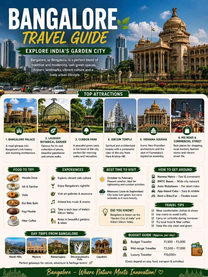 #skylinescapes 
🌿 Bangalore Travel Guide: Explore India’s Garden City

Bangalore—officially Bengaluru—is one of India’s most vibrant cities, famous for its pleasant climate, lush green spaces, historic landmarks, cafés, technology industry and lively urban culture.

Often called the Garden City of India, Bengaluru offers a different experience from many major Indian cities. You can explore a centuries-old palace in the morning, relax in a beautiful park, enjoy South Indian food for lunch and finish the day at a modern rooftop café.

🏰 1. Visit Bangalore Palace

Bangalore Palace is one of the city's most recognizable landmarks. Inspired by English Tudor-style architecture, the palace features grand interiors, historic rooms and beautiful grounds.

It is a great stop for architecture and history lovers.

🌳 2. Relax at Lalbagh Botanical Garden

Lalbagh is one of Bengaluru's most famous green spaces.

Spread across a large area, the garden is known for its enormous collection of plants, mature trees, walking paths and the iconic glasshouse.

🌿 Best for: morning walks, photography and nature lovers.

🌲 3. Explore Cubbon Park

Located in the heart of the city, Cubbon Park provides a peaceful escape from Bengaluru's busy streets.

The extensive greenery and walking paths make it particularly enjoyable in the early morning or evening.

🛕 4. Visit ISKCON Temple

The ISKCON Temple on Hare Krishna Hill is an important spiritual and architectural attraction.

Visitors can experience the temple complex, devotional atmosphere and panoramic views of parts of the city.

🏛️ 5. Discover Vidhana Soudha

Vidhana Soudha is one of Bengaluru's most iconic buildings and an impressive example of Neo-Dravidian architecture.

The massive structure houses the Karnataka state legislature and is especially striking when illuminated after dark.

🎨 6. Explore Bengaluru's Art & Culture

Bengaluru has a thriving cultural scene, with art galleries, museums, theatres, live performances and independent creative spaces.

The city is particularly popular with younger travellers because of its mix of traditional Karnataka culture and contemporary urban life.

☕ 7. Experience Bangalore's Café Culture

Bengaluru has developed a strong café and specialty-coffee culture.

From traditional South Indian filter coffee to modern cafés serving specialty brews, the city offers plenty of options for coffee lovers.

🍛 8. Taste Local Food

A Bangalore trip is incomplete without trying its local food.

Don't miss:

· 🥞 Masala Dosa
· ☕ South Indian Filter Coffee
· 🍚 Bisi Bele Bath
· 🫓 Ragi Mudde
· 🌶️ Vada
· 🥣 Idli & Sambar
· 🍨 Traditional Indian desserts

For an authentic experience, explore traditional eateries as well as Bengaluru's modern food scene.

🛍️ 9. Go Shopping

Bengaluru offers everything from traditional markets to modern shopping malls.

Explore Commercial Street for clothing, accessories and street shopping, while areas such as Indiranagar and Koramangala are known for boutiques, cafés and contemporary lifestyle stores.

🌃 10. Experience Bangalore After Dark

Bengaluru has a lively evening scene with restaurants, pubs, live-music venues, breweries, cafés and rooftop establishments.

Indiranagar, Koramangala and MG Road are among the popular areas for dining and entertainment.

💻 11. Discover India's Technology Capital

Bengaluru is widely recognized as one of India's major technology and startup centres.

Areas such as Electronic City, Whitefield and Outer Ring Road showcase the city's modern business environment.

This technology-driven identity is a major part of contemporary Bengaluru.

🏞️ 12. Take a Day Trip from Bangalore

Bengaluru is also a convenient base for exploring destinations around Karnataka.

Popular excursions include:

🏰 Mysore
🌿 Nandi Hills
🏞️ Ramanagara
🌊 Shivanasamudra Falls
🛕 Lepakshi
🌳 Bannerghatta National Park

Depending on the destination and traffic, travel times can vary considerably.

🌤️ Best Time to Visit Bangalore

Bengaluru generally has a relatively moderate climate compared with many Indian cities.

October to February is often considered a comfortable period for sightseeing, while the monsoon months bring greener landscapes and occasional heavy rain.

Because weather can change quickly, carrying a light jacket or rain protection can be useful.

🚇 How to Get Around Bangalore

Bengaluru has several transport options:

🚇 Namma Metro
🚌 BMTC buses
🚕 App-based taxis
🛺 Auto-rickshaws
🚗 Rental cars

The metro is particularly useful for avoiding some road traffic on connected routes. Traffic congestion can be significant, so allow extra time when travelling by road.

💰 Bangalore Travel Budget

Approximate daily planning budget:

🎒 Budget: ₹1,500–₹3,000 per person
🏨 Mid-range: ₹3,500–₹7,000 per person
✨ Luxury: ₹10,000+ per person

Actual costs depend heavily on accommodation, restaurants, transportation and activities.

📸 Top Bangalore Experiences

🌿 Walk through Lalbagh
🏰 Explore Bangalore Palace
🌳 Relax in Cubbon Park
☕ Drink authentic filter coffee
🍛 Try local South Indian food
🏛️ See Vidhana Soudha
🛍️ Shop at Commercial Street
🌃 Explore Indiranagar
🌄 Watch sunrise at Nandi Hills
🎨 Discover Bengaluru's cultural scene

💡 Bangalore Travel Tips

· 👟 Wear comfortable footwear for walking.
· 🚇 Use the metro where practical to avoid road congestion.
· 🌧️ Carry an umbrella or rain protection during wetter months.
· ☕ Try both traditional South Indian eateries and modern cafés.
· 🚦 Keep extra travel time during peak traffic hours.
· 📱 Use app-based transport for convenient city travel.
· 🗑️ Help keep Bengaluru's parks and public spaces clean.

❤️ Why Visit Bangalore?

Bengaluru is more than India's technology capital.

It is a city where green parks meet glass towers, traditional food meets global cuisine, historic architecture meets startup culture, and relaxed cafés meet energetic nightlife.

Whether you're visiting for a weekend, exploring Karnataka or travelling for business, Bengaluru offers plenty of reasons to stay longer.

🌿 Bangalore — Where technology meets nature, tradition meets modern life, and every day feels different. 