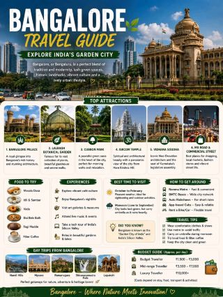 #skylinescapes 
🌿 Bangalore Travel Guide: Explore India’s Garden City

Bangalore—officially Bengaluru—is one of India’s most vibrant cities, famous for its pleasant climate, lush green spaces, historic landmarks, cafés, technology industry and lively urban culture.

Often called the Garden City of India, Bengaluru offers a different experience from many major Indian cities. You can explore a centuries-old palace in the morning, relax in a beautiful park, enjoy South Indian food for lunch and finish the day at a modern rooftop café.

🏰 1. Visit Bangalore Palace

Bangalore Palace is one of the city's most recognizable landmarks. Inspired by English Tudor-style architecture, the palace features grand interiors, historic rooms and beautiful grounds.

It is a great stop for architecture and history lovers.

🌳 2. Relax at Lalbagh Botanical Garden

Lalbagh is one of Bengaluru's most famous green spaces.

Spread across a large area, the garden is known for its enormous collection of plants, mature trees, walking paths and the iconic glasshouse.

🌿 Best for: morning walks, photography and nature lovers.

🌲 3. Explore Cubbon Park

Located in the heart of the city, Cubbon Park provides a peaceful escape from Bengaluru's busy streets.

The extensive greenery and walking paths make it particularly enjoyable in the early morning or evening.

🛕 4. Visit ISKCON Temple

The ISKCON Temple on Hare Krishna Hill is an important spiritual and architectural attraction.

Visitors can experience the temple complex, devotional atmosphere and panoramic views of parts of the city.

🏛️ 5. Discover Vidhana Soudha

Vidhana Soudha is one of Bengaluru's most iconic buildings and an impressive example of Neo-Dravidian architecture.

The massive structure houses the Karnataka state legislature and is especially striking when illuminated after dark.

🎨 6. Explore Bengaluru's Art & Culture

Bengaluru has a thriving cultural scene, with art galleries, museums, theatres, live performances and independent creative spaces.

The city is particularly popular with younger travellers because of its mix of traditional Karnataka culture and contemporary urban life.

☕ 7. Experience Bangalore's Café Culture

Bengaluru has developed a strong café and specialty-coffee culture.

From traditional South Indian filter coffee to modern cafés serving specialty brews, the city offers plenty of options for coffee lovers.

🍛 8. Taste Local Food

A Bangalore trip is incomplete without trying its local food.

Don't miss:

· 🥞 Masala Dosa
· ☕ South Indian Filter Coffee
· 🍚 Bisi Bele Bath
· 🫓 Ragi Mudde
· 🌶️ Vada
· 🥣 Idli & Sambar
· 🍨 Traditional Indian desserts

For an authentic experience, explore traditional eateries as well as Bengaluru's modern food scene.

🛍️ 9. Go Shopping

Bengaluru offers everything from traditional markets to modern shopping malls.

Explore Commercial Street for clothing, accessories and street shopping, while areas such as Indiranagar and Koramangala are known for boutiques, cafés and contemporary lifestyle stores.

🌃 10. Experience Bangalore After Dark

Bengaluru has a lively evening scene with restaurants, pubs, live-music venues, breweries, cafés and rooftop establishments.

Indiranagar, Koramangala and MG Road are among the popular areas for dining and entertainment.

💻 11. Discover India's Technology Capital

Bengaluru is widely recognized as one of India's major technology and startup centres.

Areas such as Electronic City, Whitefield and Outer Ring Road showcase the city's modern business environment.

This technology-driven identity is a major part of contemporary Bengaluru.

🏞️ 12. Take a Day Trip from Bangalore

Bengaluru is also a convenient base for exploring destinations around Karnataka.

Popular excursions include:

🏰 Mysore
🌿 Nandi Hills
🏞️ Ramanagara
🌊 Shivanasamudra Falls
🛕 Lepakshi
🌳 Bannerghatta National Park

Depending on the destination and traffic, travel times can vary considerably.

🌤️ Best Time to Visit Bangalore

Bengaluru generally has a relatively moderate climate compared with many Indian cities.

October to February is often considered a comfortable period for sightseeing, while the monsoon months bring greener landscapes and occasional heavy rain.

Because weather can change quickly, carrying a light jacket or rain protection can be useful.

🚇 How to Get Around Bangalore

Bengaluru has several transport options:

🚇 Namma Metro
🚌 BMTC buses
🚕 App-based taxis
🛺 Auto-rickshaws
🚗 Rental cars

The metro is particularly useful for avoiding some road traffic on connected routes. Traffic congestion can be significant, so allow extra time when travelling by road.

💰 Bangalore Travel Budget

Approximate daily planning budget:

🎒 Budget: ₹1,500–₹3,000 per person
🏨 Mid-range: ₹3,500–₹7,000 per person
✨ Luxury: ₹10,000+ per person

Actual costs depend heavily on accommodation, restaurants, transportation and activities.

📸 Top Bangalore Experiences

🌿 Walk through Lalbagh
🏰 Explore Bangalore Palace
🌳 Relax in Cubbon Park
☕ Drink authentic filter coffee
🍛 Try local South Indian food
🏛️ See Vidhana Soudha
🛍️ Shop at Commercial Street
🌃 Explore Indiranagar
🌄 Watch sunrise at Nandi Hills
🎨 Discover Bengaluru's cultural scene

💡 Bangalore Travel Tips

· 👟 Wear comfortable footwear for walking.
· 🚇 Use the metro where practical to avoid road congestion.
· 🌧️ Carry an umbrella or rain protection during wetter months.
· ☕ Try both traditional South Indian eateries and modern cafés.
· 🚦 Keep extra travel time during peak traffic hours.
· 📱 Use app-based transport for convenient city travel.
· 🗑️ Help keep Bengaluru's parks and public spaces clean.

❤️ Why Visit Bangalore?

Bengaluru is more than India's technology capital.

It is a city where green parks meet glass towers, traditional food meets global cuisine, historic architecture meets startup culture, and relaxed cafés meet energetic nightlife.

Whether you're visiting for a weekend, exploring Karnataka or travelling for business, Bengaluru offers plenty of reasons to stay longer.

🌿 Bangalore — Where technology meets nature, tradition meets modern life, and every day feels different. 