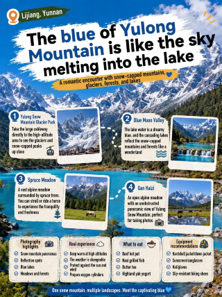 The blue of Yulong Snow Mountain is like melting the sky into the lake.