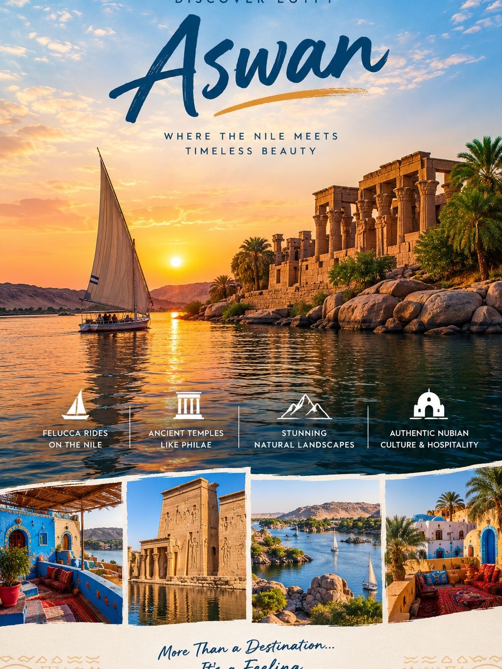 アスワンは単なる観光地ではありません…それは、特別な感覚です。🇪🇬✨

黄金の山々の間をナイル川が静かに流れ、伝統的なフェルッカ船が風に乗って航行し、夕日はまるで絵画のように美しく輝きます。🌅⛵

時代を超えた美しさを誇るフィラエ神殿から、色鮮やかなヌビアの村々、ナイル川に点在する静かな島々まで、アスワンには他では味わえない独特の魅力があります。

温かく、素朴で、穏やかで、歴史に満ちたアスワンは、ゆったりと時間を過ごし、深呼吸をし、周囲の美しさを心ゆくまで堪能できる場所です。❤️

エジプトの新たな一面を探しているなら、アスワンは間違いなくあなたの旅のリストに加えるべき場所です。🇪🇬

アスワン ― ナイル川と時代を超えた美しさが出会う場所。 🌴☀️

#アスワン #エジプト #エジプト旅行 #エジプト観光 #ナイル川 #フィラエ神殿 #ヌビア村 #フェルッカ #エジプト旅行 #エジプト探訪