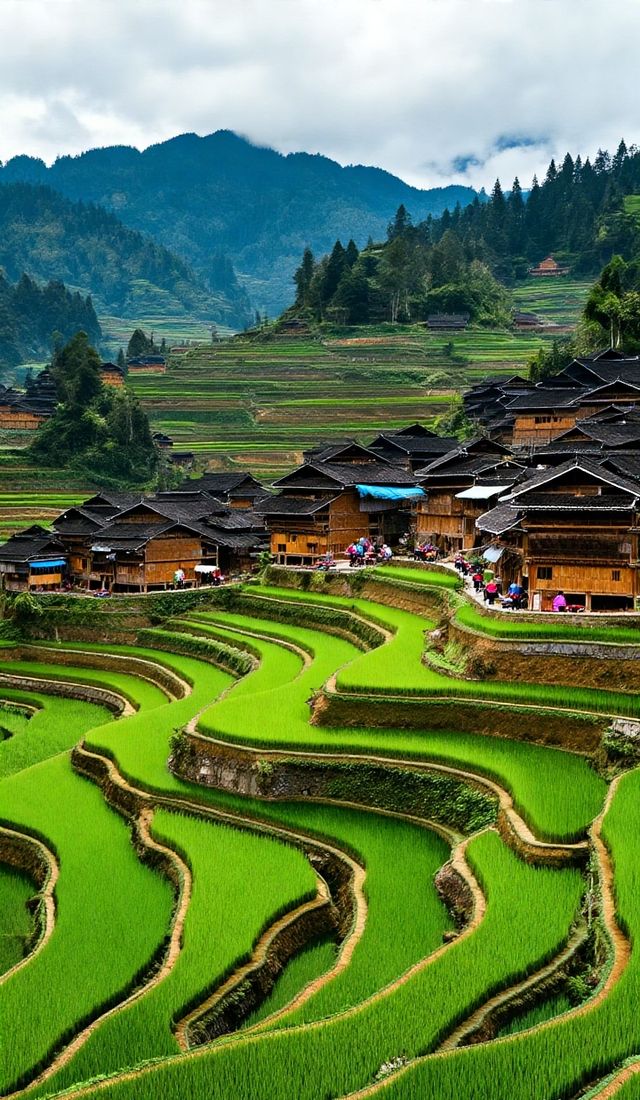 層層疊疊的田壟如天梯般蜿蜒山間，吊腳木樓隱現於雲霧中如仙境