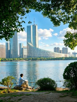 私は合肥市の白鳥湖公園で、この街の象徴的な風景を撮影しました。