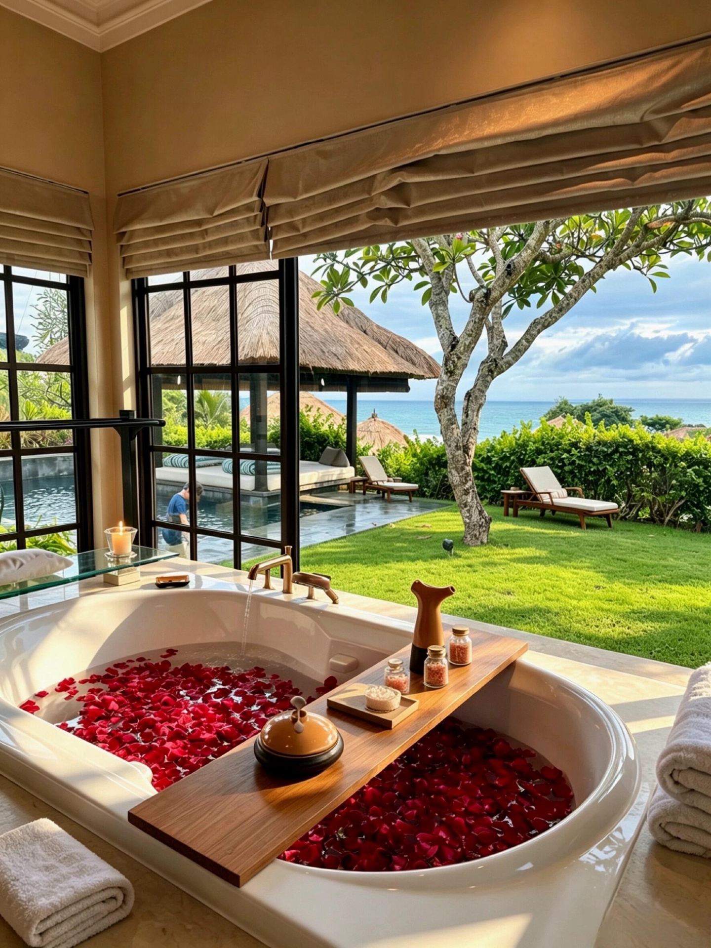 Saya memesan tempat ini khusus karena pemandangan lautnya yang menakjubkan, dan ternyata memang sangat indah dan nyaman. Hotel ini terletak tepat di tebing di Jimbaran.

Seluruh vila dikelilingi oleh tanaman hijau yang rimbun, memastikan privasi maksimal. Vila ini memiliki kolam renang pribadi, dan Anda dapat menikmati pemandangan panorama Samudra Hindia langsung dari jendela Anda.

Interiornya mempertahankan arsitektur atap jerami tradisional, dengan jendela panorama sebagai daya tarik utama, menciptakan suasana matahari terbenam yang memukau.

Layanan pelayan 24 jam tersedia sesuai permintaan, dan mereka bahkan dapat mengatur sarapan terapung yang trendi dan memberi Anda akses prioritas ke bar tepi tebing yang sangat populer.

Saya hanya ingin menghabiskan sepanjang hari di vila, dengan tenang menunggu matahari terbenam di Laut Oranye.