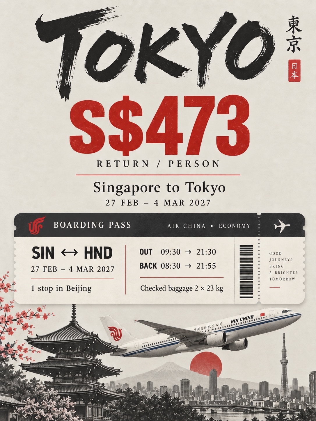 Tokyo flights under S$500 with enough baggage for a serious shopping haul 🛍️🧳

Found this Air China return fare from Singapore to Tokyo Haneda for S$473 per person, including:

✈️ Singapore ↔ Tokyo Haneda
📅 27 Feb–4 Mar 2027
🧳 Checked baggage: 2 × 23kg
🎒 Carry-on baggage: 1 × 5kg
📍 One stop in Beijing each way

The outbound journey takes 11 hours with a short 1h 25m connection, while the return takes 14h 25m with a 4h 5m layover. The booking page states that there is no need to collect and recheck your baggage in Beijing.

One thing to consider: you’ll arrive in Tokyo at 9:30pm and depart at 8:30am, leaving around four full sightseeing days. Still a tempting fare if you want to visit Tokyo and bring home plenty of snacks, skincare and souvenirs without worrying about luggage space.

⚠️ Fare and availability may change. Always check the final price and connection details before booking.

#tokyoflightdeal #singaporetotokyo #japantravel #tokyotrip #airchina #tokyo #tokyotrip #tokyotravel #cheapflightdeals #japan 