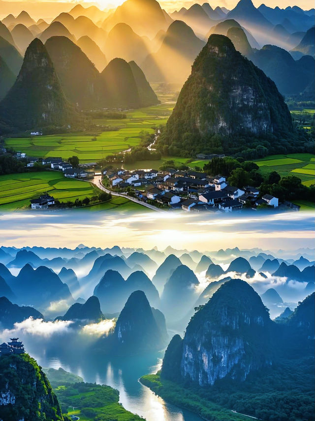 廣西桂林暮色山水間的詩意畫卷