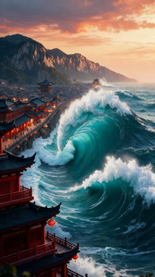 Raging Waves Reflecting Ancient Towers