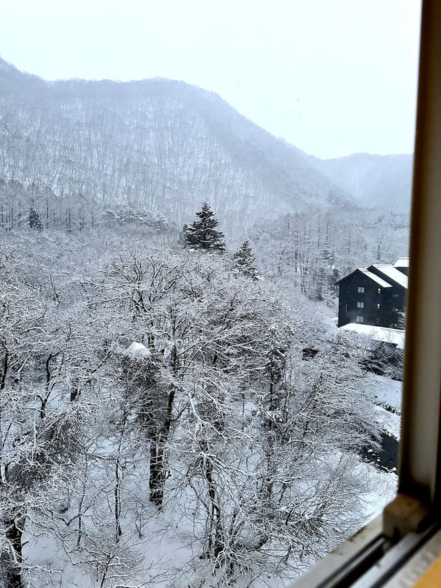 【栃木×湯西川温泉】囲炉裏でいただく平家鷹狩料理  窓からの雪景色が素晴らしく