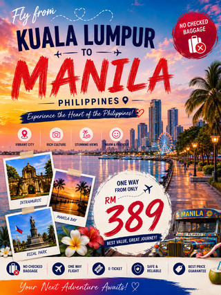 🇲🇾✈️🇵🇭 KUALA LUMPUR → MANILA | ONE WAY FROM RM389! 🇵🇭✨

🌴 YOUR NEXT PHILIPPINE ADVENTURE STARTS HERE! 🌴

Looking for an affordable getaway filled with sunsets, delicious food, vibrant streets and unforgettable experiences? 🇵🇭❤️ Manila is calling!

✈️ Fly from Kuala Lumpur to Manila with Cebu Pacific from only RM389 one way! This is your chance to explore the colourful capital of the Philippines without breaking the bank.

💰 ONE WAY FROM RM389
📍 Kuala Lumpur → Manila
✈️ Cebu Pacific
🧳 No Checked Baggage
🎟️ One-Way Fare

🌅 WHY MANILA?

From the moment you arrive, Manila welcomes you with its unique blend of history, culture, food and modern city life.

🏛️ Wander through the historic streets of Intramuros and discover Manila’s fascinating Spanish-era heritage.

🌅 Watch the sky turn golden at Manila Bay, famous for its breathtaking sunsets and relaxing waterfront views.

🍴 Get ready for a Filipino food adventure! Don’t miss local favourites like Sisig, Adobo, Sinigang, Pancit and Halo-Halo — perfect for food lovers looking to taste something new.

🛍️ Explore Mall of Asia, enjoy shopping, dining and entertainment, or simply soak up the lively atmosphere of one of Manila’s most exciting areas.

🏮 Step into Binondo, one of the city’s most vibrant neighbourhoods, where colourful streets, local food and Filipino-Chinese culture come together.

📸 And of course, bring your camera — Manila is packed with beautiful views, colourful streets, iconic landmarks and picture-perfect moments.

✨ A CITY FULL OF STORIES, FLAVOURS & ADVENTURES

Whether you’re planning a quick city escape, a foodie adventure, a sightseeing trip or simply want to experience the Philippines for the first time, Manila has something waiting for you.

Imagine waking up to a new city, exploring historic streets in the morning, enjoying authentic Filipino food for lunch, watching a spectacular sunset by the bay in the evening, and ending the day surrounded by Manila’s vibrant nightlife. 🌆🌴

And the best part?

💥 Kuala Lumpur → Manila from just RM389 ONE WAY!

Pack light, bring your adventurous spirit and get ready to discover the heart of the Philippines. 🇵🇭✨

✈️ KUL → MNL
💰 FROM RM389 ONE WAY
🛫 FLY WITH CEBU PACIFIC
🧳 NO CHECKED BAGGAGE
🌴 MANILA, PHILIPPINES

❤️ Your next adventure is closer than you think.
Book your flight, chase the sunset and make unforgettable memories in Manila! 🌅🇵🇭✨ #travel #travel2026 #tripcom #philippines #staycation #thingstodo 