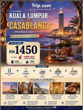 ✈️ Kuala Lumpur → Casablanca from RM1,450 One Way 🇲🇦
Looking for a destination that feels completely different from the usual European getaway? Casablanca, Morocco is definitely one to add to your travel list. From beautiful Islamic architecture and traditional markets to coastal views, colourful streets and incredible Moroccan food, the city offers a fascinating mix of culture, history and modern life. ✨
Starting from RM1,450 one way, this journey from Kuala Lumpur takes you towards Morocco with transit points in Singapore and Shanghai, plus a scheduled stop in Marseille before continuing to Casablanca. It’s a longer journey, but for travellers who enjoy discovering new places and turning the journey itself into part of the adventure, it can be an interesting route to consider.
Once you arrive in Casablanca, one of the first places to visit is the spectacular Hassan II Mosque, sitting beautifully along the Atlantic coastline. 🕌🌊 The city also has charming streets, cafés, local markets and the Old Medina, where you can experience a more traditional side of Morocco.
And of course, Morocco is just as exciting for food lovers. 🇲🇦🍽️ Don’t miss the chance to try traditional tagine, couscous, harira, pastilla, Moroccan grilled dishes and freshly brewed mint tea. Exploring local restaurants and markets can easily become one of the highlights of the trip.
Casablanca can also be a great starting point for exploring more of Morocco. If you have extra time, you can continue your journey towards Marrakech, Rabat, Chefchaouen or the Atlas Mountains, each offering a completely different experience. From colourful souks and historic architecture to mountain landscapes and desert adventures, Morocco has plenty to discover beyond Casablanca.
Whether you’re travelling for the culture, architecture, food, photography or simply looking for a new country to explore, Casablanca offers a memorable introduction to Morocco. 🌴✨
💰 Kuala Lumpur → Casablanca from RM1,450 one way
🇲🇦 Discover Morocco
🕌 Culture & Architecture
🍽️ Authentic Moroccan Cuisine
🌊 Atlantic Coast
📸 Historic Streets & Medina
✈️ Check available dates and fares on Trip.com before booking.
