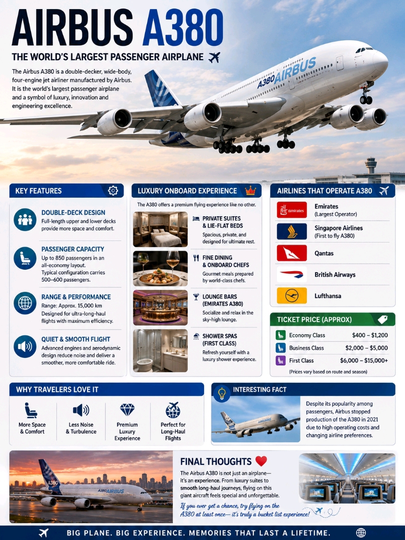 ✈️  – The Giant of the Skies 🌟

The Airbus A380 is the world’s largest passenger airplane, designed to carry more people than any other commercial aircraft. Built by , this double-decker giant is a symbol of luxury, innovation, and engineering excellence.

The A380 first flew in 2005 and quickly became a favorite for long-haul international travel. With its massive size and advanced technology, it redefined the flying experience for millions of passengers worldwide.

· --

📏 Key Features

✨ Double-Deck Design

· Full-length upper and lower decks
· More space for passengers and comfort

✨ Passenger Capacity

· Up to 850 passengers (all-economy layout)
· Typical airlines configure 500–600 seats

✨ Range & Performance

· Range: Approx. 15,000 km
· Designed for ultra-long-haul flights

✨ Quiet & Smooth Flight

· Advanced engines reduce noise
· Smoother ride compared to smaller aircraft

· --

💺 Luxury Onboard Experience

Many airlines have turned the A380 into a flying luxury hotel. Popular features include:

· 🛏️ Private suites and lie-flat beds
· 🍽️ Fine dining and onboard chefs
· 🛋️ Lounge bars (like on  A380)
· 🚿 Shower spas in First Class

· --

🌎 Airlines That Operate A380

Some of the most famous airlines using the Airbus A380 include:

· (largest operator)
· (first to fly A380)
· 
· 
· 

· --

💸 Ticket Price (Approx)

· Economy: $400 – $1,200
· Business Class: $2,000 – $5,000
· First Class: $6,000 – $15,000+

(Prices vary based on route and season)

· --

❤️ Why Travelers Love It

· More space and comfort
· Less noise and turbulence feel
· Premium luxury experience
· Perfect for long-haul flights

· --

⚠️ Interesting Fact

Despite its popularity among passengers, Airbus stopped production of the A380 in 2021 due to high operating costs and changing airline preferences.

· --

💕 Final Thoughts

The Airbus A380 is not just an airplane—it’s an experience. From luxury suites to smooth long-haul journeys, flying on this giant aircraft feels special and unforgettable ✨

✈️ If you ever get a chance, try flying on the A380 at least once—it’s truly a bucket list experience!

#airbusa380  #aviationlovers  #luxurytravel  #flyhigh  #travelexperience  #bucketlist  ✈️🌍#travel2026 