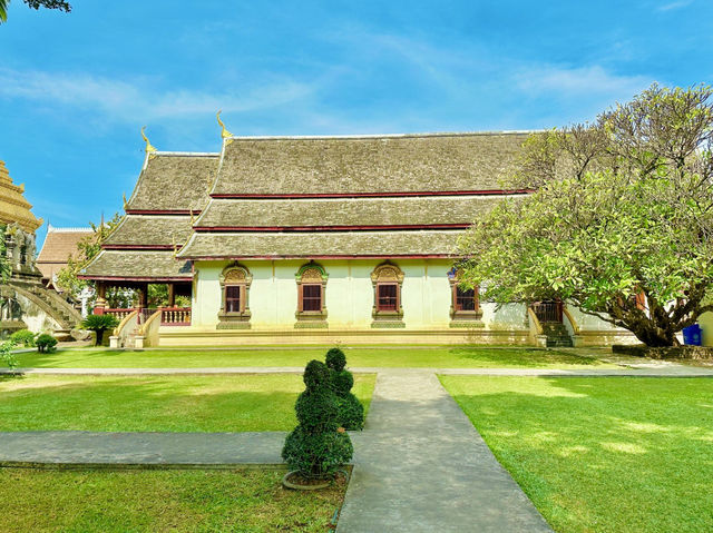 푸른 잔디 위에 펼쳐져 있는 고대 사원 Wat chiangman