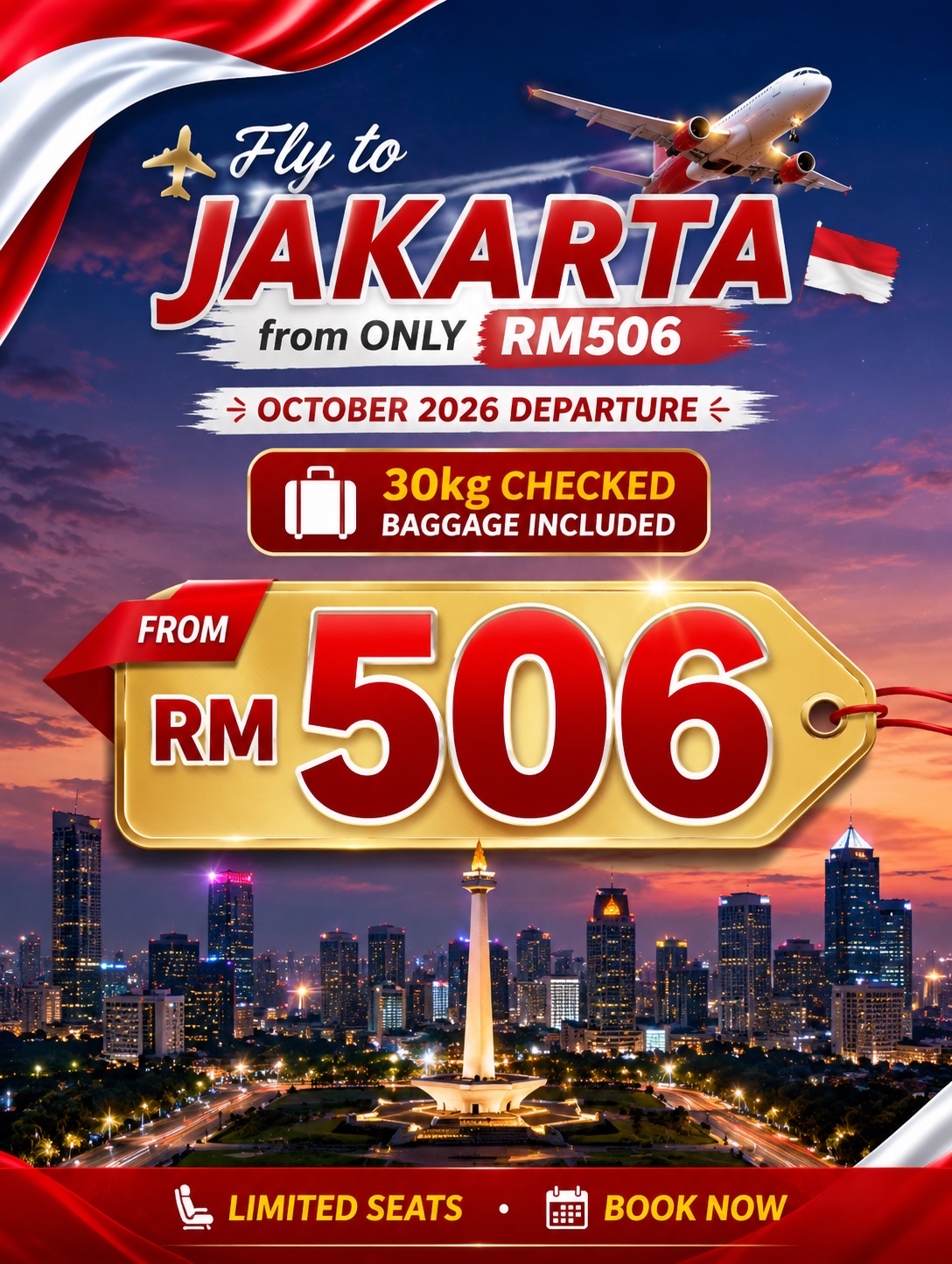 Lagi mimpi pengen liburan ke Indonesia? 🇮🇩✨

Terbang ke Jakarta mulai dari RM506 aja dan mulai petualangan seru kamu! Jelajahi landmark ikonik kota ini, nikmati kuliner lokal yang lezat, belanja suvenir unik, atau lanjutin perjalanan kamu ke Bali dan destinasi lainnya.

🎒 Promo Perjalanan Termasuk:
✅ Mulai dari RM506 (sekali jalan)
🛄 Gratis Bagasi Terdaftar 30kg
✈️ Keberangkatan Oktober 2026
🔄 Transit mudah tanpa ribet urus bagasi lagi
🏙️ Cocok banget buat City Break di Jakarta & Liburan ke Bali

📍 Tempat wajib kunjung:
⭐ Monas
🏛️ Kota Tua
🕌 Masjid Istiqlal
🎡 Ancol Dreamland
🏝️ Kepulauan Seribu
🛍️ Grand Indonesia Mall & PIK

🍛 Jangan lewatkan makanan khas Indonesia seperti Nasi Goreng, Sate, Rendang, Ayam Penyet, dan masih banyak lagi!

⚠️ Kursi terbatas. Booking sekarang buat dapetin harga termurah!