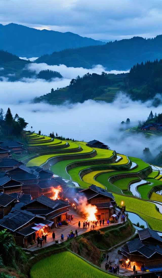 層層疊疊的田壟如天梯般蜿蜒山間，吊腳木樓隱現於雲霧中如仙境