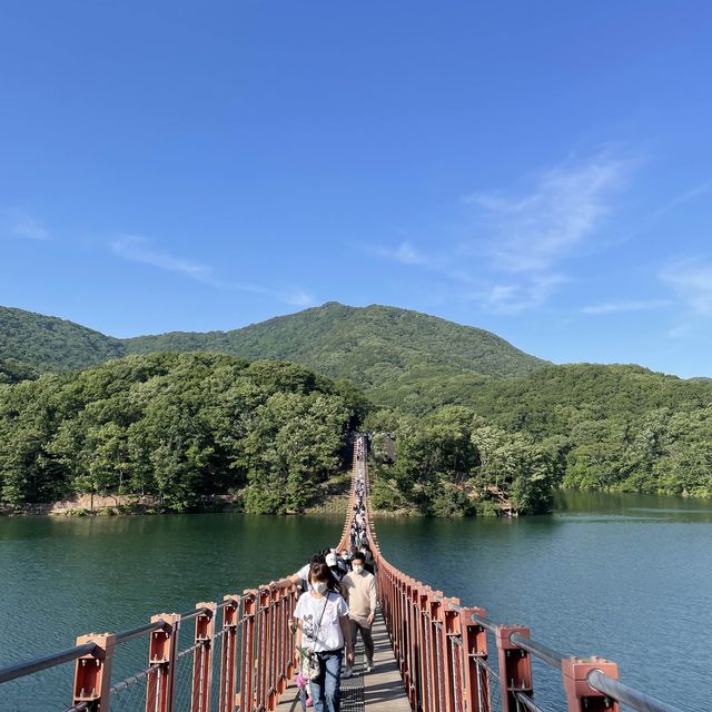 출렁다리 위에서 바라보는 고요한 호수
