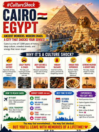 #cultureshock
🇪🇬
Welcome to a city where ancient history meets chaotic modern life 🏜️🔥
Cairo is intense, loud, and full of surprises — one moment you’re in busy traffic 🚗… next moment you’re standing in front of the world-famous pyramids 😍
🏜️ Pyramids & Ancient Wonders
Standing near the Pyramids of Giza feels unreal 🤯
Thousands of years of history right in front of you!
🚕 Crazy Traffic & Chaos
No rules… just vibes 😵💫
Honking, crowded streets, fast movement — it can feel overwhelming!
🕌 Deep Cultural & Islamic Traditions
Mosques everywhere 🕌, prayer calls echoing — strong traditional lifestyle
🛍️ Local Markets (Bazaars)
Colorful shops, perfumes, spices, souvenirs — bargaining is a must 💰
🍛 Different Food Experience
Koshari 🍲, falafel 🧆, Egyptian tea ☕ — simple but unique taste
💥 Why It’s a Culture Shock?
✔ Ancient + modern together ⏳
✔ Loud, busy, high energy 🔊
✔ Different culture, food & lifestyle 🌍
✔ Extreme weather & desert vibe ☀️
· --
✈️ How to Reach Cairo
🛫 Flight: Cairo International Airport (well connected worldwide)
🚕 Taxi/Uber: Main transport in city
· --
💰 Budget Guide (Per Day)
💸 Budget: ₹2,500 – ₹5,000
🏨 Mid-range: ₹6,000 – ₹12,000
✨ Luxury: ₹15,000+
🍽️ Food: ₹300 – ₹800 per meal
🏜️ Pyramid Entry: ₹1,000 – ₹2,000
· --
⭐ Best Time to Visit
🌤️ October – April (cooler weather)
· --
✨ You may feel overwhelmed…
✨ You may feel shocked…
✨ But you’ll be amazed every second 😍
Cairo is not calm… it’s an adventure you’ll never forget!
#Cairo #EgyptTravel #TravelVibes #ExploreWorld #Pyramids #TravelReels #travel2026