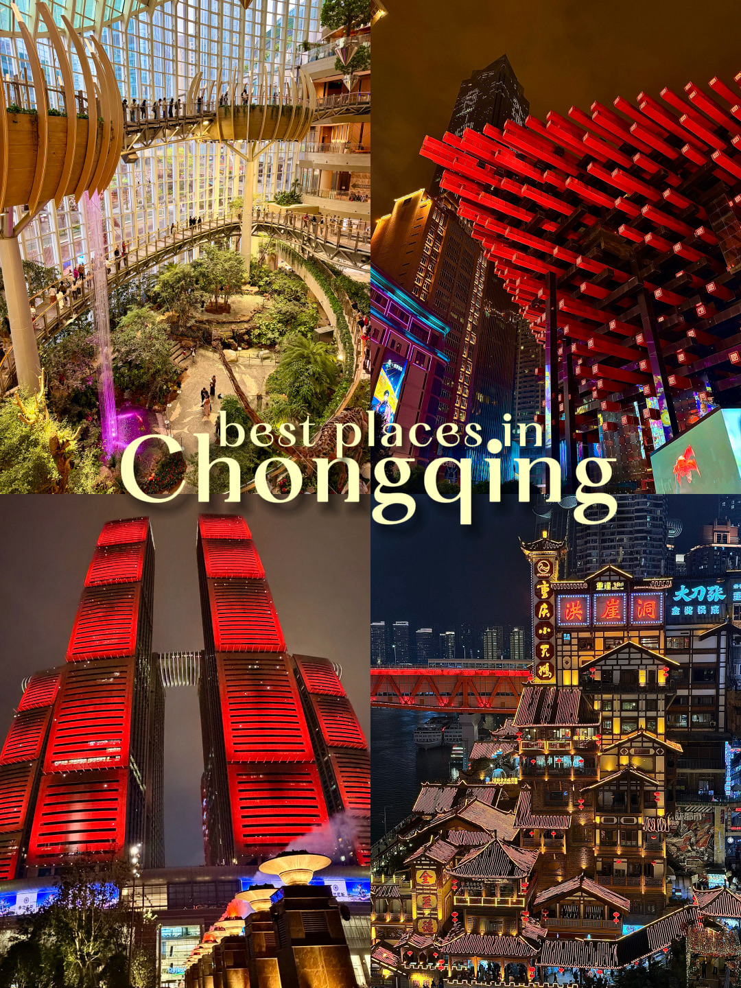 Chongqing beneran berasa kayak kota masa depan. Lampu neon, gedung pencakar langit raksasa, kereta yang menembus gedung, dan arsitektur surealis ada di mana-mana 🌆
Berikut adalah beberapa tempat paling keren yang wajib kamu kunjungi di Chongqing:
1. Hongyadong ✨
Tempat paling ikonik di Chongqing.
Kompleks bergaya tradisional raksasa yang dihiasi lampu-lampu berkilauan, restoran, dan kedai teh. Saat malam hari, tempat ini beneran mirip adegan nyata dari film Spirited Away.
Waktu terbaik untuk foto adalah saat blue hour, sekitar jam 7 malam.
📍Lokasi: Hongya Cave Scenic Area
🚇 Metro: Stasiun Xiaoshizi (Jalur 1/6)
2. Chongqing Guotai Art Center ❤️
Salah satu bangunan paling unik di Chongqing.
Arsitekturnya terlihat seperti sumpit merah raksasa atau balok LEGO yang disusun, dan saat malam hari seluruh bangunan menyala merah terang.
Ini salah satu spot foto bergaya cyberpunk terbaik di kota ini.
📍Lokasi: Area Jiefangbei
🚇 Metro: Stasiun Xiaoshizi (Jalur 1/6), sekitar 5–10 menit jalan kaki
3. Stasiun Monorel Liziba 🚝
Salah satu tempat paling gila di Tiongkok.
Keretanya bener-bener nembus gedung apartemen.
Ini salah satu spot paling ikonik di Chongqing dan menunjukkan dengan sempurna kenapa kota ini dijuluki “kota 8D”.
📍Lokasi: Stasiun Liziba
🚇 Metro: Jalur 2 — Stasiun Liziba
4. Raffles City Chongqing 🔥
Simbol futuristik kota Chongqing.
Gedung pencakar langit masif yang dihubungkan oleh jembatan udara horizontal raksasa tinggi di atas kota.
Saat malam hari, menaranya menyala dan seluruh area terasa seperti di film fiksi ilmiah (sci-fi).
📍Lokasi: Chaotianmen Square
🚇 Metro: Stasiun Chaotianmen (Jalur 1/6)
5. The Ring Chongqing 🌿
Mungkin salah satu mal terkeren yang pernah saya lihat.
Di dalamnya ada hutan hujan indoor raksasa dengan air terjun, tanaman tropis, dan jembatan udara di bawah kubah kaca masif.
Rasanya lebih mirip hutan futuristik daripada pusat perbelanjaan.
📍Lokasi: The Ring Mall Chongqing
🚇 Metro: Stasiun Honghudonglu (Jalur 6)
Chongqing jadi salah satu kota favorit saya di Tiongkok ❤️
Ini salah satu kota paling unik yang pernah saya kunjungi.
Simpan daftar ini buat rencana liburanmu ke Tiongkok nanti ✈️