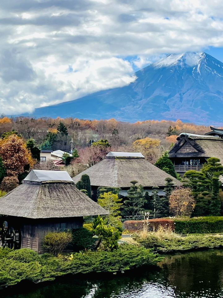 茅葺き屋根、富士山、鯉の池を上から見る絶景スポット | Trip.com 忍野村