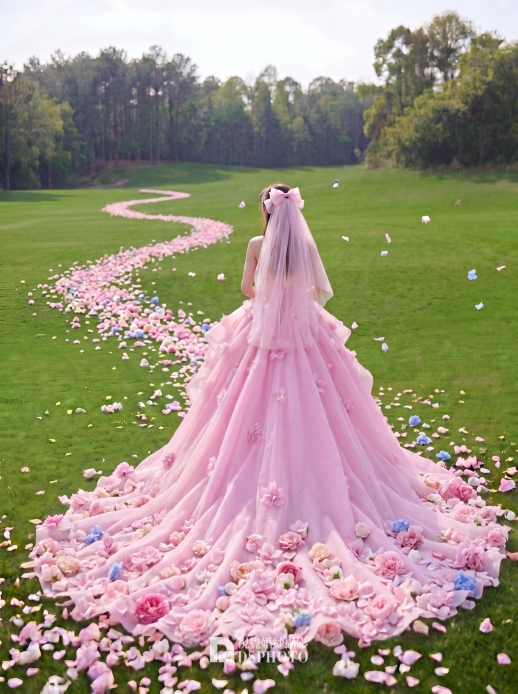 一歩一歩花が咲く森系の芝生でのウェディングフォト、それが私が
