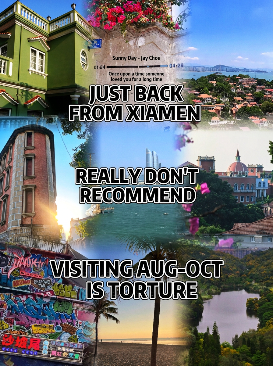  don’t assume Xiamen looks the same all year round! 90% of travelers blindly go: in August, they avoid the heat and typhoons and miss the peak fresh seafood season; in September, they don’t avoid crowds and still face packed places; in October, they miss the golden month when Xiamen is at its gentlest, clearest, and best for sea views and photos.

Even worse pitfalls: can’t get Gulangyu ferry tickets, go to the wrong dock, miss the botanical garden’s misting time, get overcharged at random beach photo spots, pay inflated prices for trendy street snacks, don’t know the best sunset spots on Island Ring Road, ending up tired, overspending, and with photos full of strangers.

But those in the know understand: August to October is Xiamen’s best value and most diverse travel season!
August offers deep blue seas, healing evening breezes, and seafood in abundance; September sees the heat fade, crowds drop sharply, and prices fall; October brings crisp, dry air, clear skies, and gentle sea breezes with almost zero risks.

This super detailed, no-fluff original guide breaks down the weather and scenery for August, September, and October, a 3-day 2-night no-backtracking route, full scenic spot photo tips, outfit and food advice, pitfalls to avoid, and expenses. Beginners can follow it without hesitation!

🟢 Must read first: real monthly differences in Xiamen from August to October (decides your experience)

August | blue sea and seafood season (peak seafood + summer night vibe)

Temperature 27–34℃, hot during the day, extremely comfortable in the evening.
✅ Biggest advantage: official seafood season! The freshest and cheapest seafood all year, with mantis shrimp, crab, clams, and oysters at their plumpest.
Sea view: water is deep blue and clear, Island Ring Road sunsets glow orange and atmospheric, night markets are lively.
⚠️ Note: frequent short showers, occasional typhoon warnings, check forecasts before traveling; UV rays are very strong, you can get sunburned even on cloudy days.

September | comfortable transition season (fewer crowds, best value)

Temperature 25–32℃, typhoon chances drop significantly, heavy rain less frequent.
Tourists drop sharply, hotels lower prices, no lines at attractions, clean photo spots.
Sea remains clear and swimmable, cool evening breezes, perfect for water activities, island tours, and seafood.

October | gentle golden autumn sea season (peak beauty)

Temperature 22–29℃, dry and non-sticky, very high chance of sunny days.
No heat waves, no heavy rain, no strong winds, the clearest skies all year.
Gentle sea breezes at the beach, ultra-clear sunrises and sunsets, ideal for cycling around the island, slow strolls on Gulangyu, and atmospheric photos. Perfect for relaxed travelers, couples, and families.

🟢 Precise accommodation locations (no detours, save time)

✅ First choice: Siming District near Zhongshan Road / Zhenhai Road / Bashi area
Prime location! Close to Gulangyu ferry, Shapowei, Island Ring Road, botanical garden. Local food, night markets, and supermarkets downstairs. Convenient transport. Chain hotels 120–220 CNY/night.

✅ Second choice: around Zengcuoan
Near the sea, many guesthouses, good for those who want to fall asleep to the sea. Evening beach walks are pleasant.
❌ Not recommended: Xiamen North Station, outside the island, airport suburbs. Over 1 hour commute daily, wasting most of your sightseeing time.

🟢 3-day 2-night full coverage no-backtracking route

Day 1 Literary old town line | arrival → Bashi market → Zhongshan Road → Shapowei → Yanwu Bridge night view

Arrive in Xiamen → check in at Siming District hotel → Bashi market (local food market, authentic Minnan snacks) → slow stroll on Zhongshan Road → Shapowei art west district + shelter bay → watch the stunning night view of Yanwu Bridge at dusk

Day 2 Island highlights line | full-day deep tour of Gulangyu → ferry night view

Take ferry from Xiamen-Gulangyu dock → arrive on Gulangyu (most beautiful corners, Sunlight Rock, Shuzhuang Garden, Gangzaihou Beach, old villa alleys) → slow island tour all afternoon → ferry back to city at dusk → watch the ferry night view over the sea

Day 3 Healing coastline | Nanputuo → botanical garden → Island Ring Road → Huangcuo Beach sunset → return trip

Pray at Nanputuo Temple → Xiamen Botanical Garden (rainforest + succulent core area) → cycle Island Ring Road → watch the stunning sea sunset at Huangcuo Beach → finish with a seafood feast → return trip

🟢 Detailed full scenic spot guide + best photo spots + pitfalls to avoid

1. Gulangyu🏝️ (must-visit in Xiamen! The artistic highlight)

Xiamen’s soul spot, no motor vehicles, all narrow alleys with red-tile old villas, full of South Seas charm.
✅ Must-check spots
Most beautiful corner: arrive before 8 AM! Empty shots, afternoons are crowded with lines
Sunlight Rock: climb to overlook the whole island’s red tiles and blue sea, the only high point with a full view of Gulangyu
Shuzhuang Garden: seaside garden, a refined courtyard by the sea, very gentle for photos
Gangzaihou Beach: few people, clean, clear water, perfect for barefoot wading

✅ Key pitfalls
Book ferry tickets 3–5 days in advance on the “Xiamen Ferry” WeChat official account! Sold out quickly in peak season
Only take the route [Xiamen-Gulangyu dock → Sanqiutian]. Don’t go to the wrong dock
Avoid roadside private black boats or shortcut island entries, unsafe and overpriced

2. Bashi market🥬 (Xiamen’s authentic local flavor)

Don’t just visit trendy streets! The real taste of Xiamen is at Bashi market
The whole street is full of long-established snacks, fresh seafood, affordable Minnan desserts, locals shop here daily.
Must-eat: satay noodles, peanut soup, fried five-spice, oyster omelet, tubeworm jelly, bowl cake, roasted meat rice dumplings
Pitfall: buy only what you need, don’t pay high prices for gift boxes at the entrance

3. Shapowei🌊 (artistic photo hotspot)

Old shipyard transformed, half old town, half art district, iconic Xiamen photo spot.
Shelter bay water is calm, boats scattered, soft evening light perfect for atmospheric photos.
Pitfall: overpriced and average-tasting trendy street snacks, just take photos, spend cautiously

4. Xiamen Botanical Garden🌵 (highest photo success rate)

Two main areas, don’t wander randomly and waste energy!
✅ Rainforest world: misting time 9:00–11:00, ethereal, forest secret realm, must-visit
✅ Succulent plant area: giant cacti, tropical plants, very exotic photo vibe
⚠️ Wear comfortable shoes, the garden is large with walking and uphill paths

5. Nanputuo Temple🙏 (free blessing spot)

Popular, clean, and elegant, a representative ancient Minnan temple.
Free entry, free incense sticks, soft and tasty vegetarian cakes available for purchase, don’t buy overpriced incense at the entrance
After visiting, walk directly to the botanical garden, very convenient route without detours

6. Island Ring Road + Huangcuo Beach🌅 (Xiamen’s best sunset spot)

Xiamen’s cleanest, least crowded, bluest public beach
Long coastline, coconut groves, sea breeze, fine sand.
Best way to enjoy: cycle at dusk chasing the sunset, orange sea surface is stunning, beats Zengcuoan beach

🟢 August to October outfit formula (sun protection + photo-ready + weather-appropriate)

August (hot sea breeze season)

Tank tops, dresses, short sleeves, shorts, focus on light and breathable
Essentials: high SPF sunscreen, sunglasses, sun hat, arm sleeves (UV rays are very strong by the sea)

September (cool early autumn)

Mostly short sleeves, bring a light cardigan, cool sea breeze in the evening

October (gentle golden autumn)

Long-sleeve shirts, light sweatshirts, long skirts, not hot or stuffy, great for photos
✅ Universal photo colors: white, blue, beige, light khaki
Match the sea, red tiles, green trees, and artistic streets, zero bad shots!

🟢 Locals’ secret | must-eat authentic Xiamen food (no risks)

Minnan signature snacks

Satay noodles, peanut soup + fried dough sticks, fried five-spice, oyster omelet, tubeworm jelly, bowl cake, roasted meat rice dumplings

Must-eat seafood (legendary in August–September)

Steamed mantis shrimp, ginger scallion crab, stir-fried clams, soy sauce mixed fish, oyster pot
Seafood season offers great value, fresh and juicy

Desserts to cool off

Four-fruit soup, grass jelly, starfruit juice, Minnan sour bamboo shoot soup (special flavor)

Where to eat right

✅ Authentic and affordable: Bashi market, old town alleys
❌ Avoid: Zengcuoan, Gulangyu scenic area snacks, overpriced and average taste

🟢 Complete pitfall avoidance tips (hard-earned lessons)

1. Book Gulangyu tickets in advance. No tickets in peak season means no island access. Don’t trust scalpers.

2. August is typhoon season with frequent showers. Carry an umbrella. Don’t swim in strong sea winds.

3. Only visit the rainforest and succulent areas in the botanical garden. Other areas are ordinary and waste energy.

4. Avoid roadside low-price day tours and cheap Island Ring Road car rentals. They rush your schedule and have hidden fees.

5. Private paid photo spots and exclusive photo spots by the sea are scams. Public areas are enough for great shots.

6. Buy seafood from established city shops with clear prices. Scenic spots often shortchange you.

7. Xiamen University requires advance booking. Spots are limited. Don’t trust paid campus entry guides.

8. Yanwu Bridge and seaside boardwalk are windy at night. Dress warmly and protect against wind. 