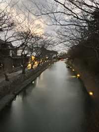 《近江八幡的美景：中間河道的黃燈夜景》