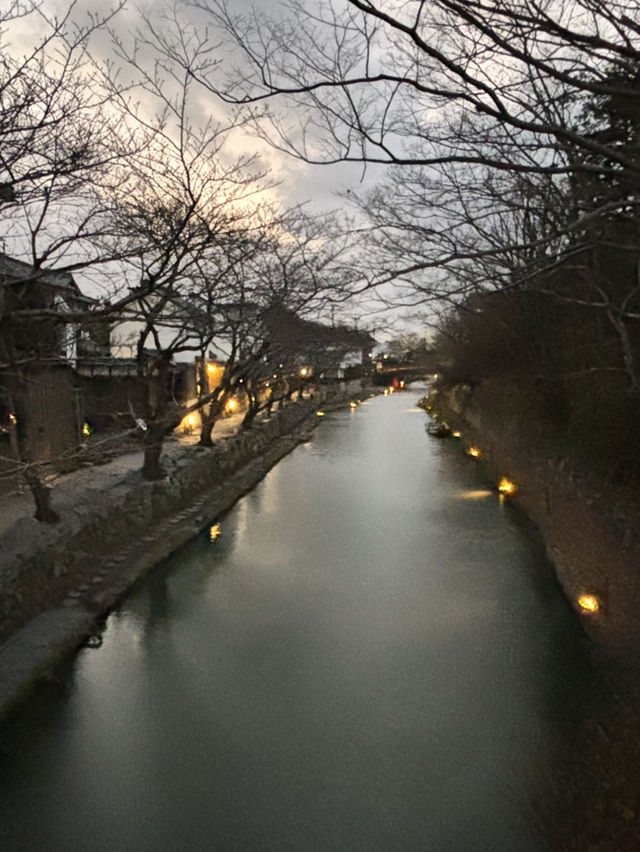 《近江八幡的美景：中間河道的黃燈夜景》