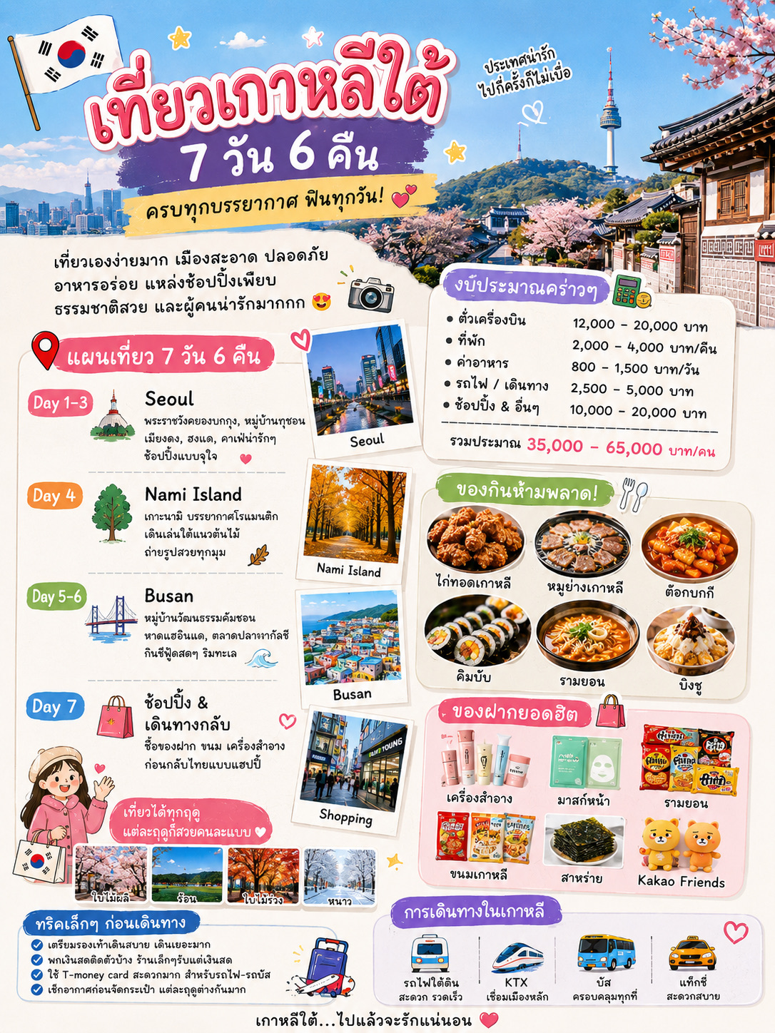 🇰🇷 Lịch trình 7 ngày 6 đêm khám phá Hàn Quốc: Hoàn hảo cho du khách lần đầu! ✈️💕

Nếu bạn yêu thích những quán cà phê xinh xắn, mua sắm, mỹ phẩm, ẩm thực Hàn Quốc, hoặc muốn dạo bước trong không gian như trong phim truyền hình Hàn Quốc, thì Hàn Quốc là một đất nước bạn nhất định nên ghé thăm ít nhất một lần. 🥰

Lịch trình 7 ngày 6 đêm này rất lý tưởng, cho phép bạn trải nghiệm các thành phố lớn, thiên nhiên và bãi biển mà không cảm thấy vội vã. ✨

🏙️ Ngày 1-3: Seoul
Tham quan Cung điện Gyeongbokgung, mặc Hanbok và chụp ảnh 👘, khám phá Làng Bukchon, mua sắm ở Myeongdong và Hongdae, và ghé thăm vô số quán cà phê xinh đẹp ☕️🛍️

🍁 Ngày 4: Đảo Nami
Thoát khỏi thành phố và ghé thăm đảo Nami. Tản bộ dưới bóng cây, chụp những bức ảnh đẹp và tận hưởng không khí lãng mạn, đặc biệt là vào mùa thu lá vàng và mùa đông. 🍂❄️

🌊 Ngày 5-6: Busan
Đi tàu đến Busan, một thành phố biển yên bình. Tham quan Làng Văn hóa Gamcheon. Tản bộ dọc bãi biển Haeundae, ngắm nhìn biển và thưởng thức hải sản tươi ngon 🐟🦀

🛍️ Ngày 7: Mua sắm và Khởi hành
Mua mỹ phẩm, đồ ăn vặt Hàn Quốc, mì ramen và quà lưu niệm trước khi trở về Thái Lan ✈️

💰 Ngân sách dự kiến
Khoảng 35.000–65.000 THB/người, tùy thuộc vào thời điểm trong năm. Bao gồm vé máy bay, khách sạn, nhà hàng và mua sắm!

🍗 Món ăn nhất định phải thử:
Gà rán Hàn Quốc 🍗 • Thịt heo nướng Hàn Quốc 🥩 • Tteokbokki 🌶️ • Kimbap 🍙 • Mì ramen 🍜 • Bingsu 🍧 và hải sản tươi sống ở Busan.

🛍️ Quà lưu niệm phổ biến:
Mỹ phẩm Hàn Quốc 💄 • Mặt nạ • Mì Ramen • Đồ ăn vặt Hàn Quốc • Rong biển • Các sản phẩm dễ thương của Kakao Friends và hàng hóa của các nghệ sĩ K-pop 🎶

💡 Một vài lời khuyên trước khi đi du lịch:

👟 Mang giày thoải mái vì bạn sẽ đi bộ rất nhiều mỗi ngày.

📱 Mang theo thiết bị truy cập internet để xem bản đồ và tuyến đường tàu.

💳 Mang theo cả thẻ và một ít tiền mặt.

🌦️ Kiểm tra thời tiết trước khi đóng gói hành lý vì nhiệt độ thay đổi rất nhiều giữa các mùa.

💕 Hàn Quốc mang đến nhiều trải nghiệm khác nhau trong một chuyến đi. Bắt đầu ngày mới bằng cách dạo quanh cung điện vào buổi sáng. Dành buổi chiều ở quán cà phê, đi mua sắm vào buổi tối, và vài ngày sau hãy đi tàu đến Busan để ngắm bờ biển! 🇰🇷✨

Nếu đây là lần đầu tiên bạn đi du lịch, 7 ngày 6 đêm là thời gian lý tưởng. Bạn có thể đến thăm Seoul, đảo Nami và Busan, rồi trở về với điện thoại đầy ắp ảnh và vali đầy ắp quà lưu niệm! 😂🧳

#DuLịchHànQuốc #DuLịchHànQuốc #Seoul #Busan #DuLịchChâuÁ