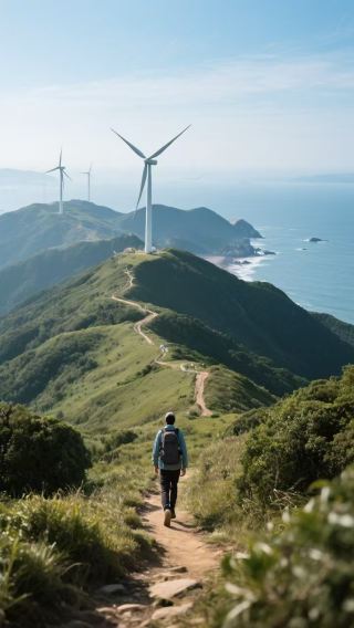 การเดินป่าตามเส้นทาง Ninghai Windmill Highway ที่ Donghai Cloud Top จะมอบทิวทัศน์ภูเขาและทะเลที่สวยงามตระการตา