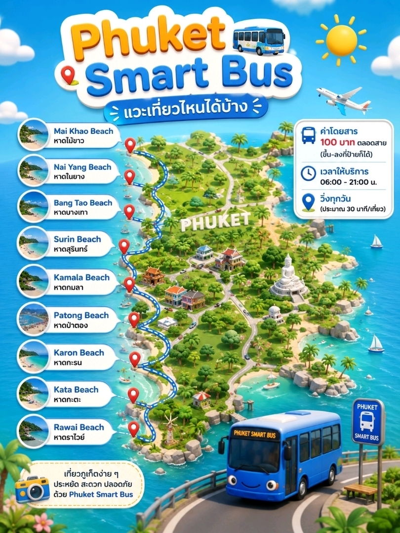 Traveling to the beaches in Phuket is a breeze with the Phuket Smart Bus, which runs comfortably and affordably along the west coast right from Phuket Airport.
🚍 Places you can hop off and explore:
Mai Khao Beach
Nai Yang Beach
Bang Tao Beach
Surin Beach
Kamala Beach
Patong Beach
Karon Beach
Kata Beach
Rawai Beach

💰💰 Fares
🚌 Route: Phuket Airport ⇄ Patong ⇄ Karon ⇄ Kata ⇄ Rawai is a flat rate of 100 THB for the entire route, regardless of where you get on or off. 
🚌 Route: Phuket Town ⇄ Kathu ⇄ Patong is a flat rate of 50 THB for the entire route.
📍📍 Popular Route
🛬 Airport → Bang Tao → Surin → Kamala → Patong → Karon → Kata → Rawai

 