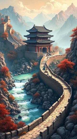 Древние здания отражаются в горах и водах