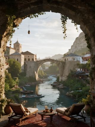 นกพิราบแห่งสันติภาพบนสะพานโบราณในเมืองโมสตาร์ในช่วงฤดูหนาว สัมผัสถึงความอบอุ่นของประวัติศาสตร์